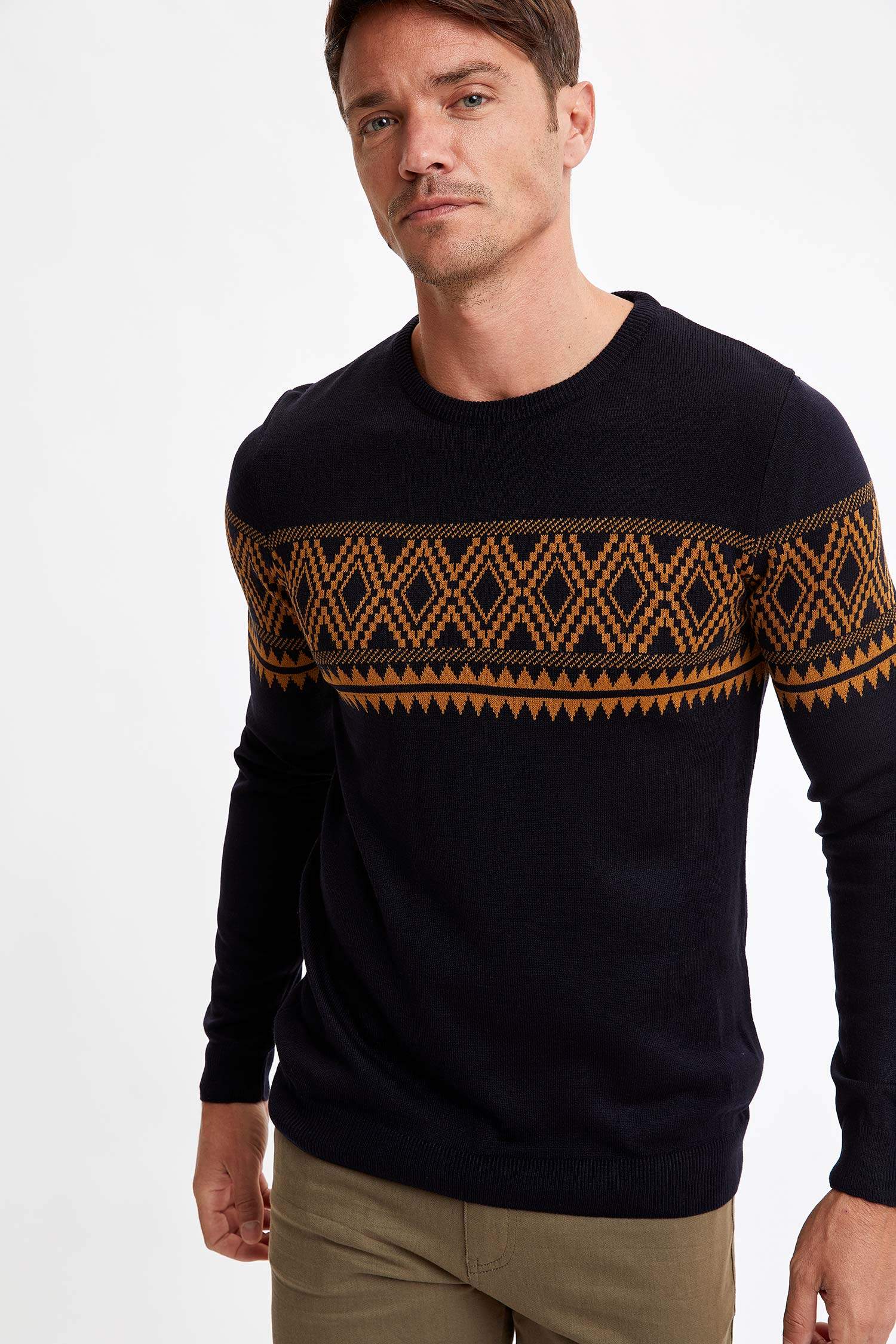 Slim Fit Bisiklet Yaka Desenli Triko Kazak