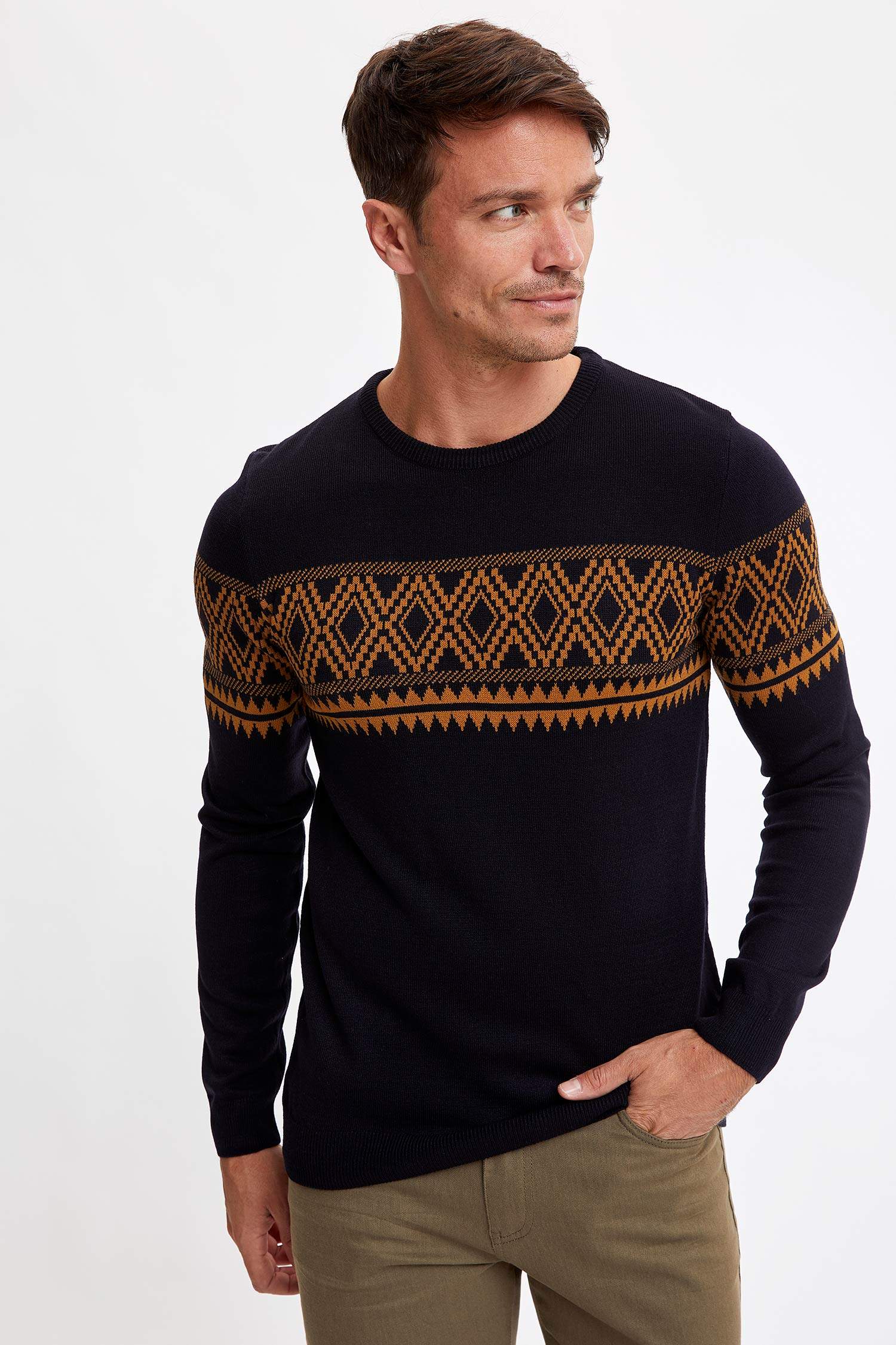Slim Fit Bisiklet Yaka Desenli Triko Kazak