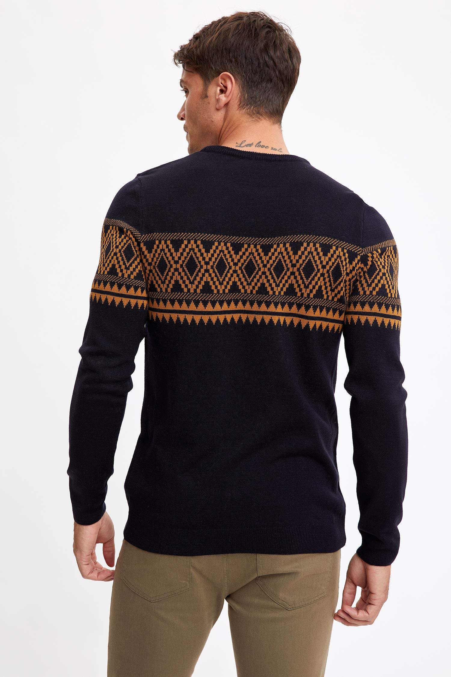 Slim Fit Bisiklet Yaka Desenli Triko Kazak