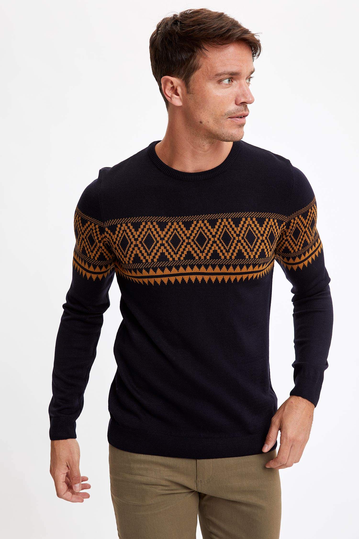 Slim Fit Bisiklet Yaka Desenli Triko Kazak