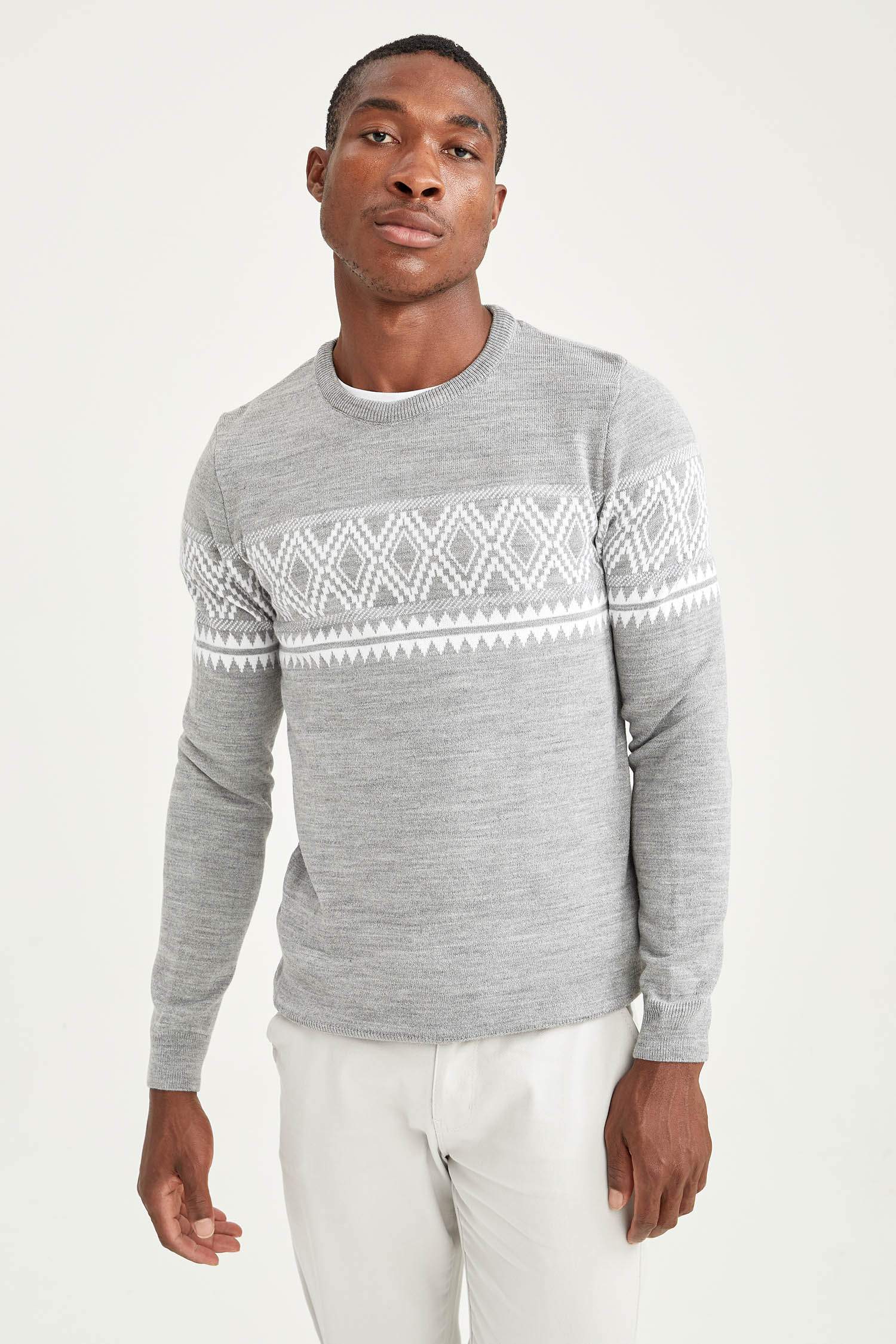 Slim Fit Bisiklet Yaka Desenli Triko Kazak