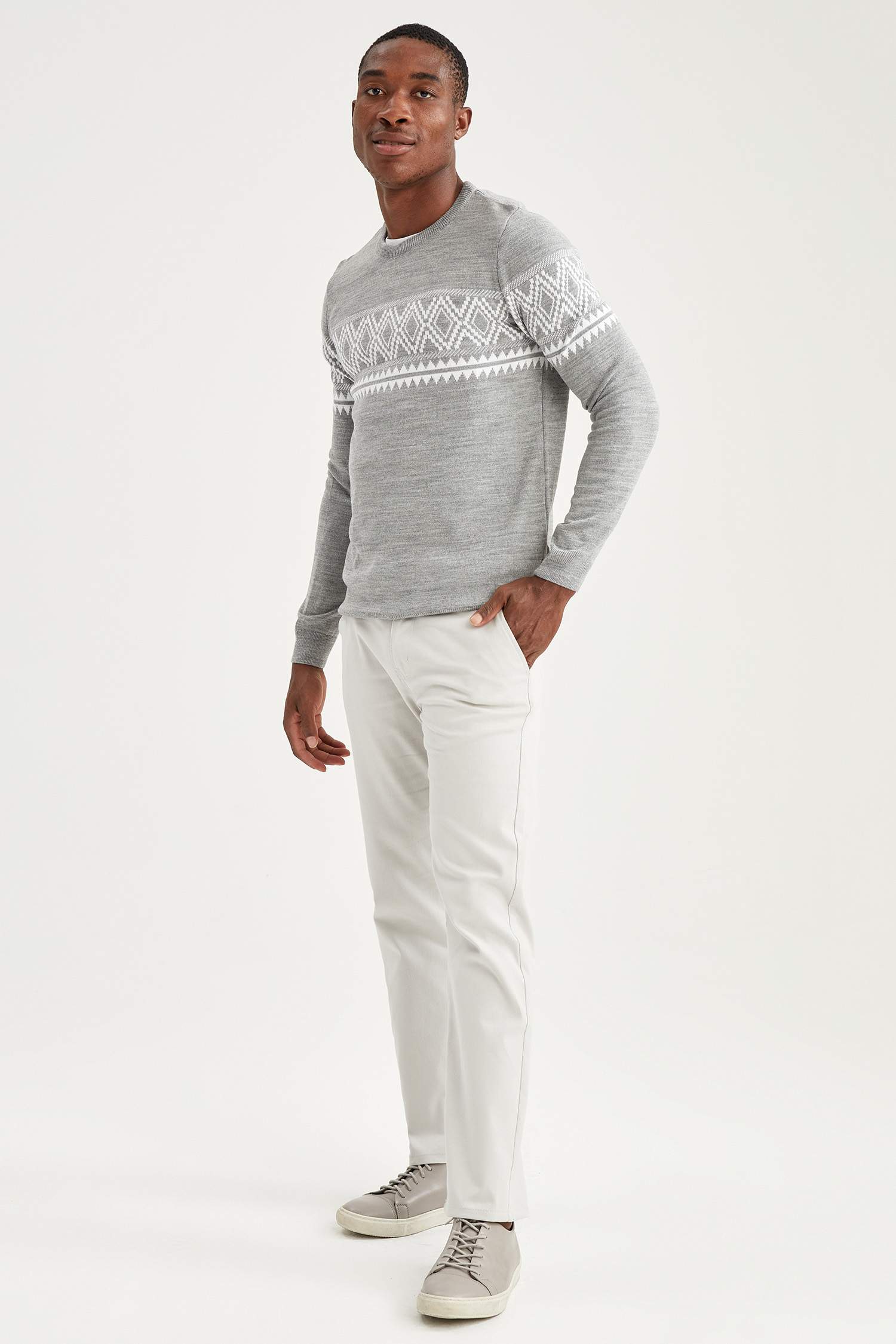 Slim Fit Bisiklet Yaka Desenli Triko Kazak