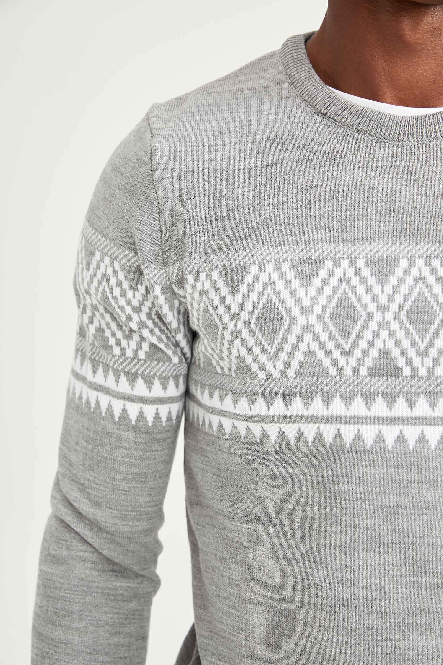 Slim Fit Bisiklet Yaka Desenli Triko Kazak