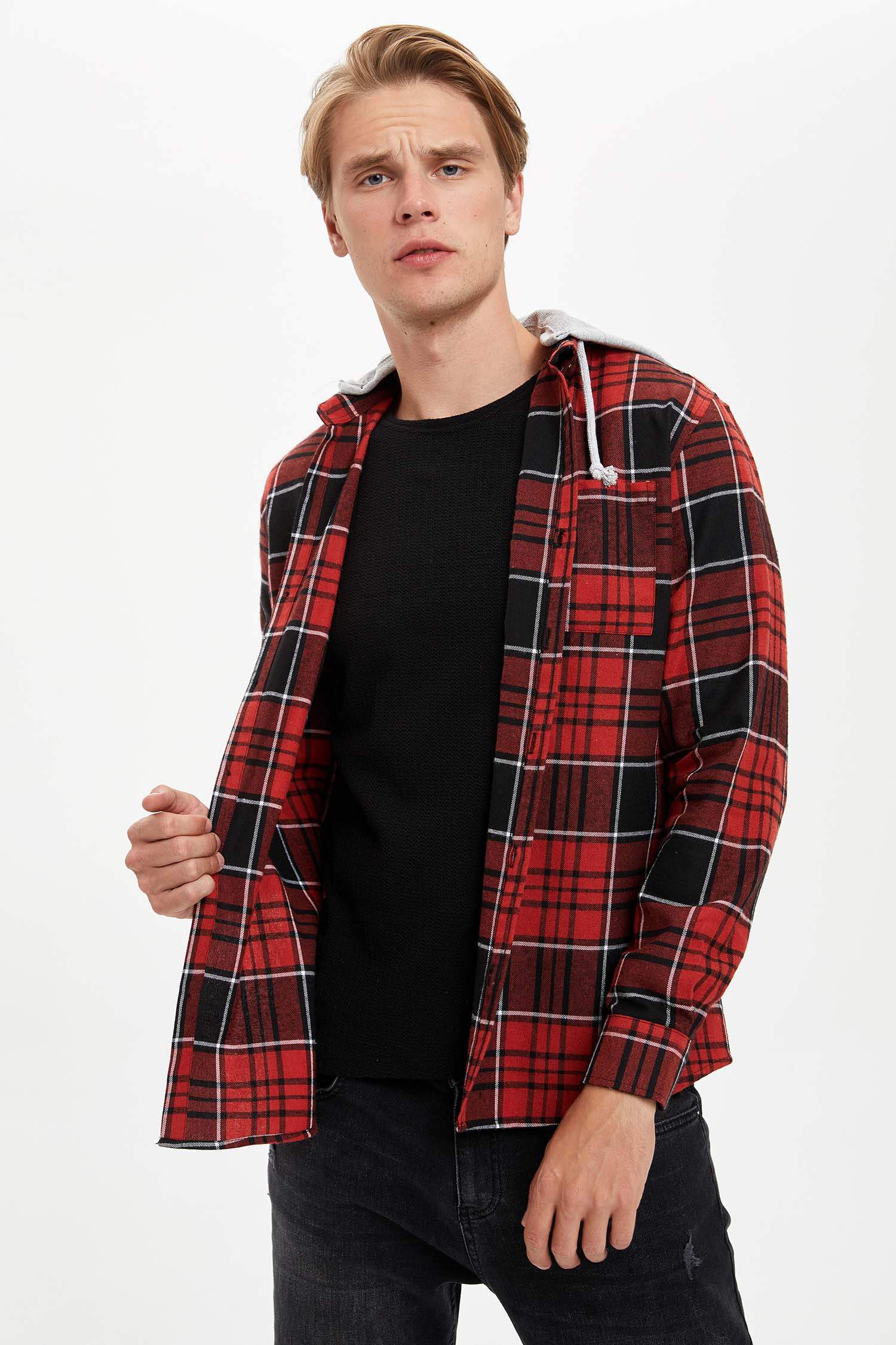 Regular Fit Kapüşonlu Ekose Desenli Uzun Kollu Oduncu Gömlek