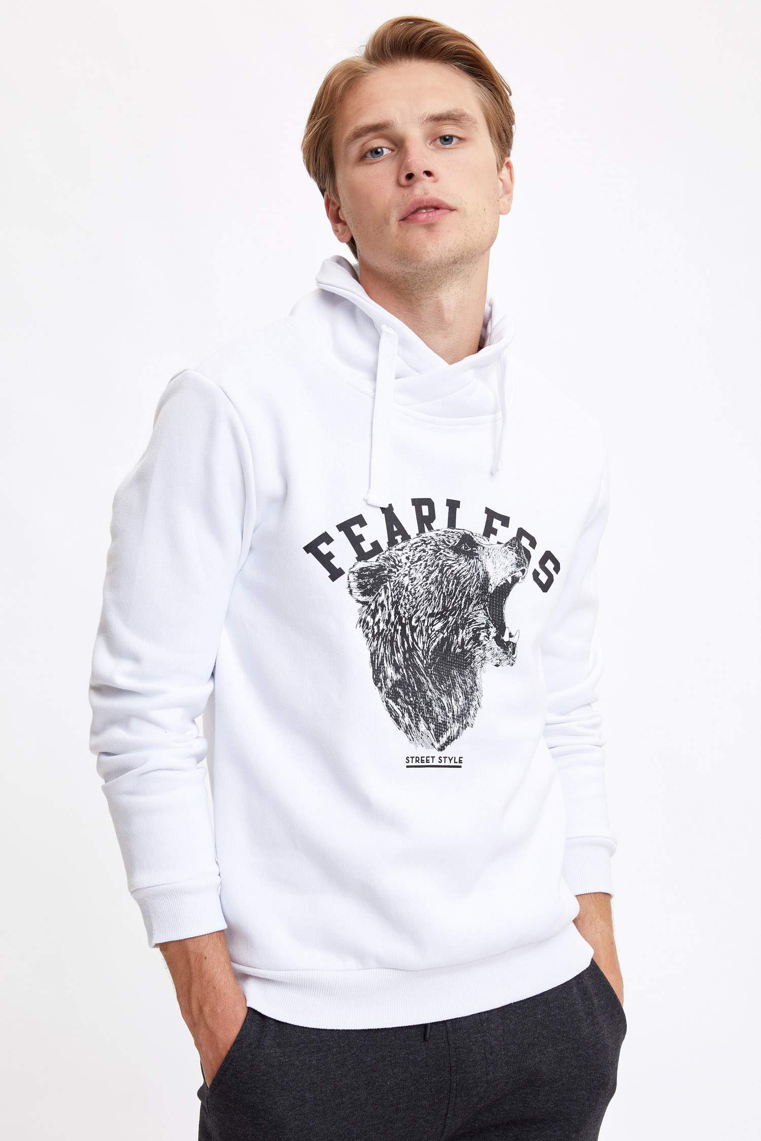Slim Fit Şal Yaka Hayvan Desenli Uzun Kollu Sweatshirt