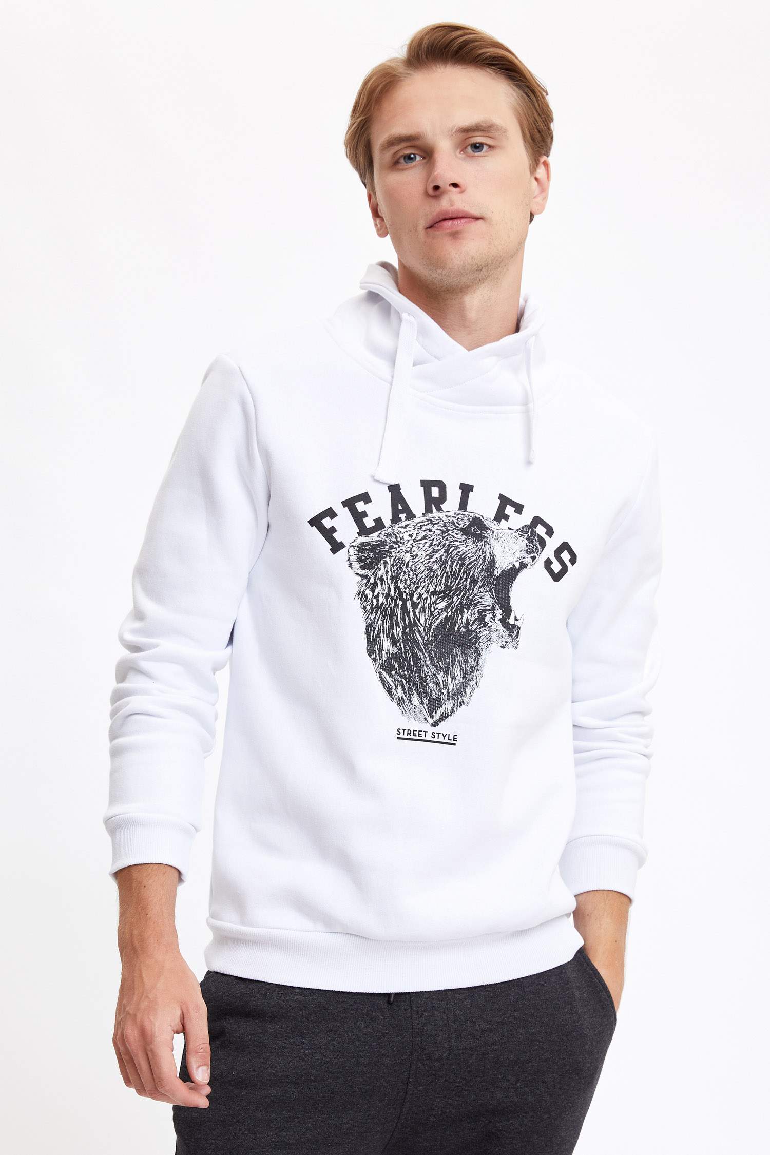 Slim Fit Şal Yaka Hayvan Desenli Uzun Kollu Sweatshirt
