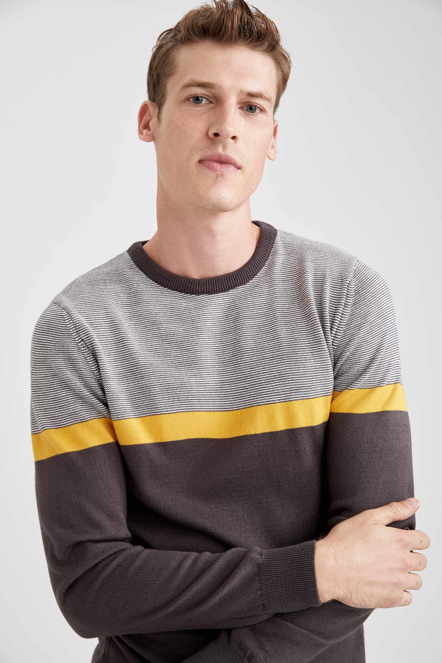 Blok Desenli Slim Fit Bisiklet Yaka Triko Kazak