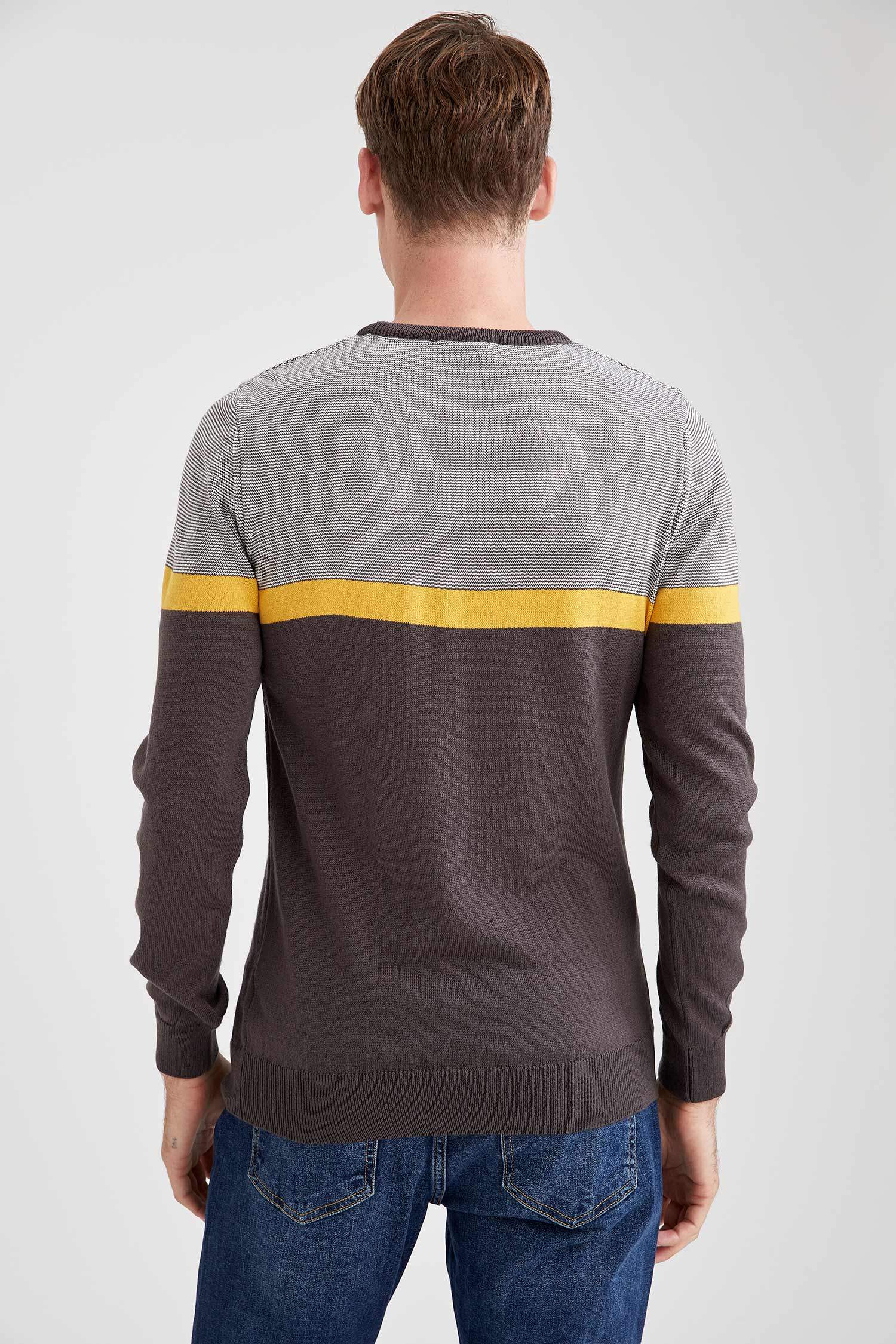 Blok Desenli Slim Fit Bisiklet Yaka Triko Kazak