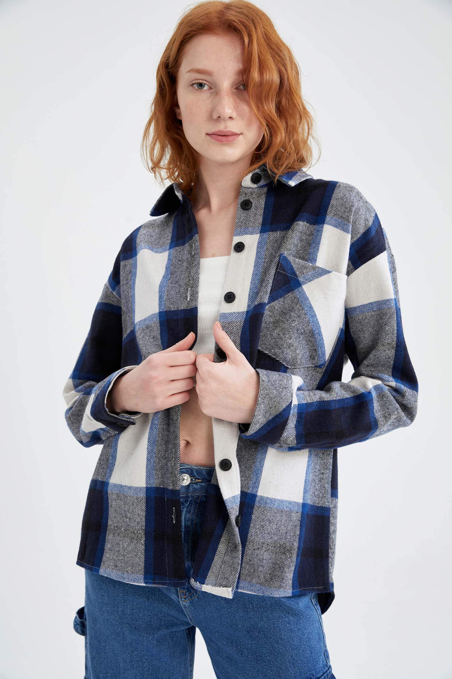 Oversize Fit Gömlek Yaka Kareli Flanel Uzun Kollu Gömlek