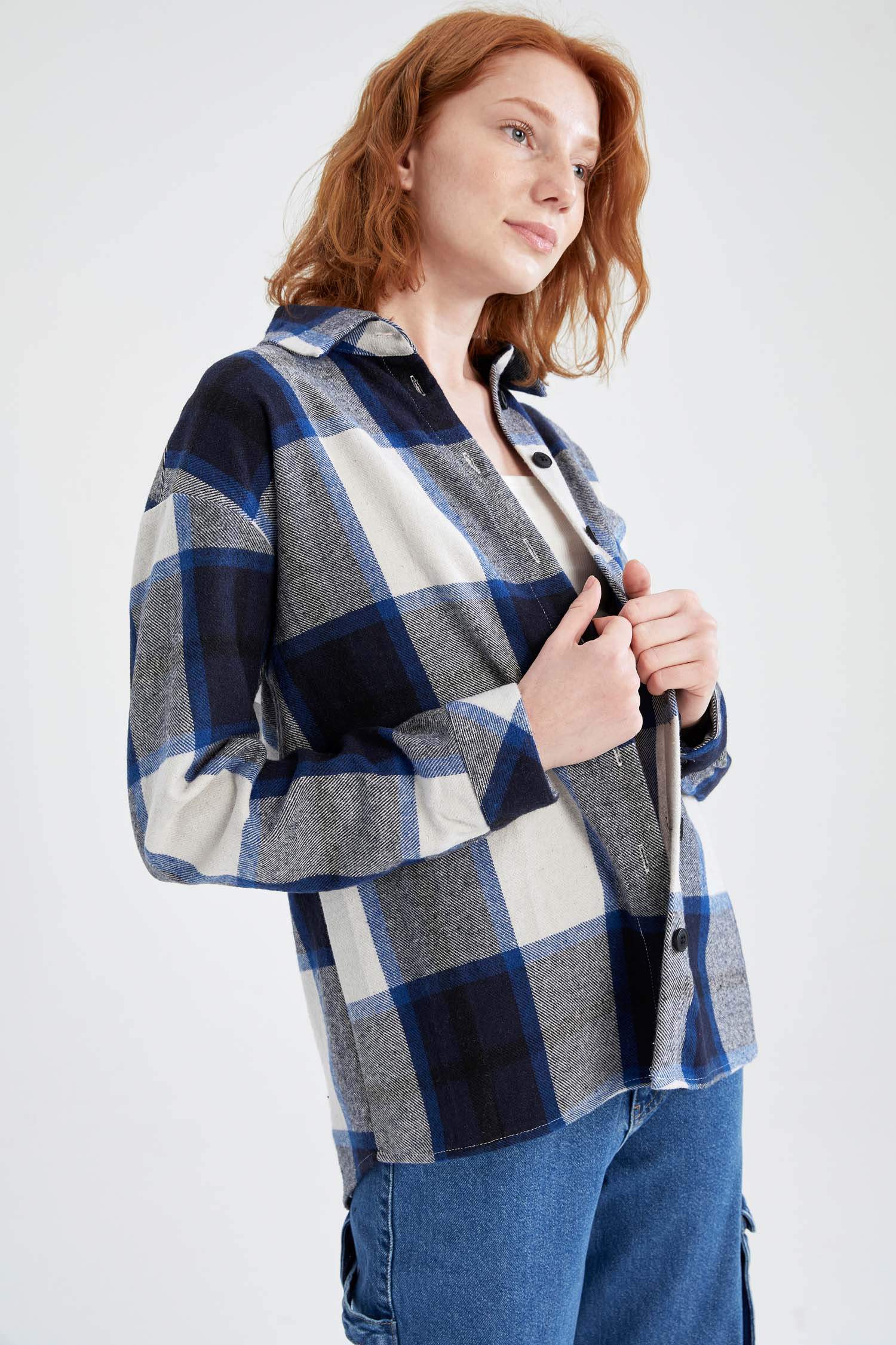 Oversize Fit Gömlek Yaka Kareli Flanel Uzun Kollu Gömlek