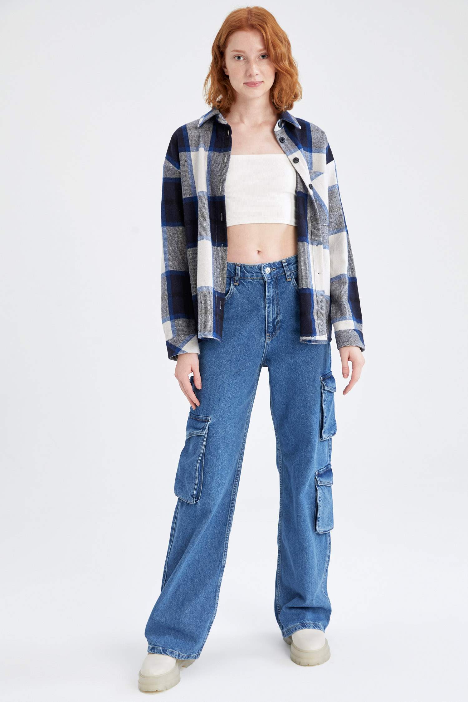 Oversize Fit Gömlek Yaka Kareli Flanel Uzun Kollu Gömlek