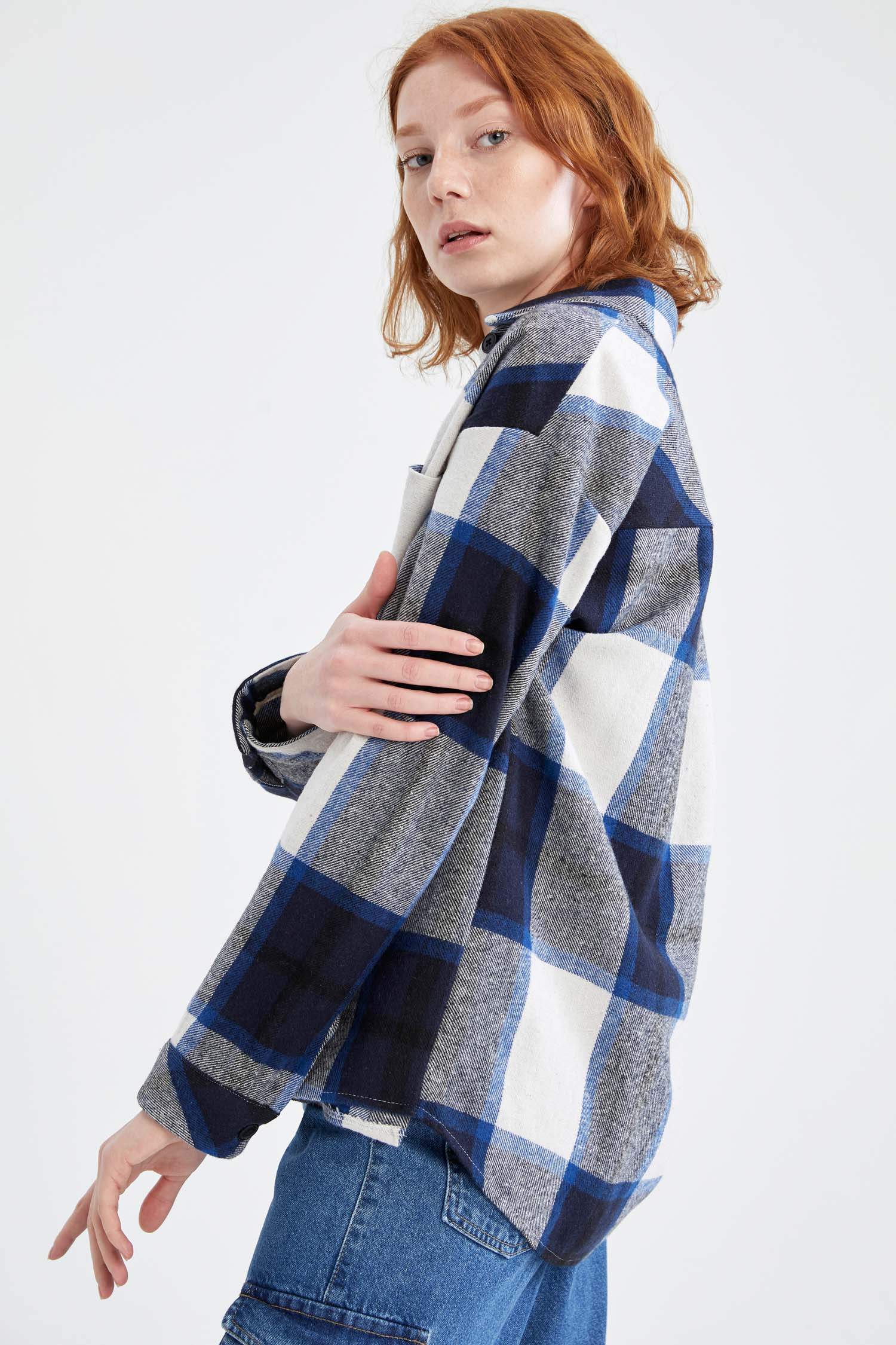 Oversize Fit Gömlek Yaka Kareli Flanel Uzun Kollu Gömlek