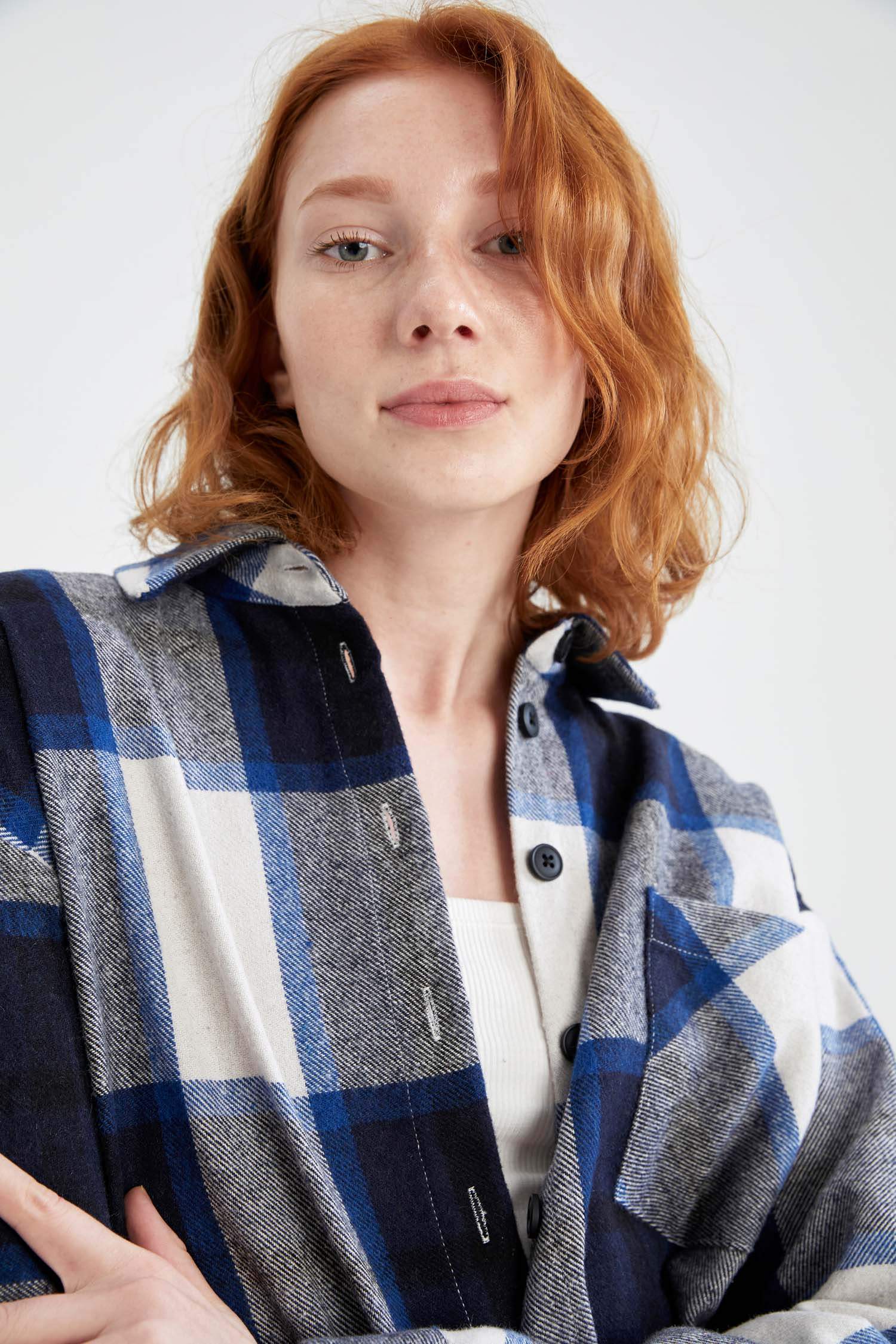 Oversize Fit Gömlek Yaka Kareli Flanel Uzun Kollu Gömlek