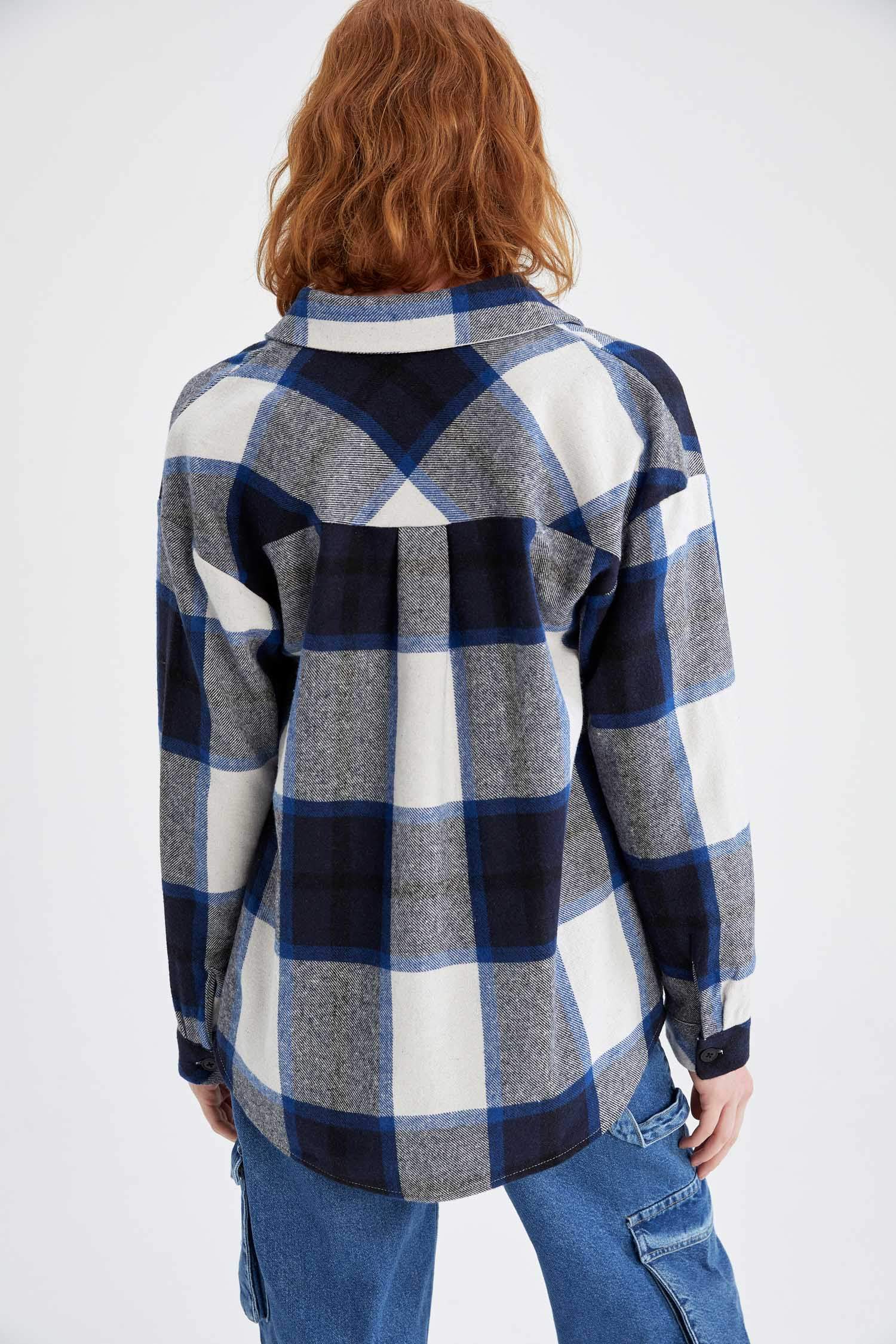 Oversize Fit Gömlek Yaka Kareli Flanel Uzun Kollu Gömlek