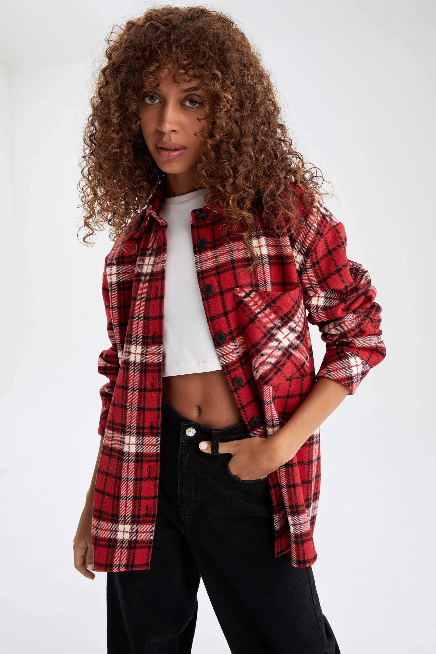 Retro Ekoseli Relax Fit Cep Detaylı Flanel Oduncu Gömlek