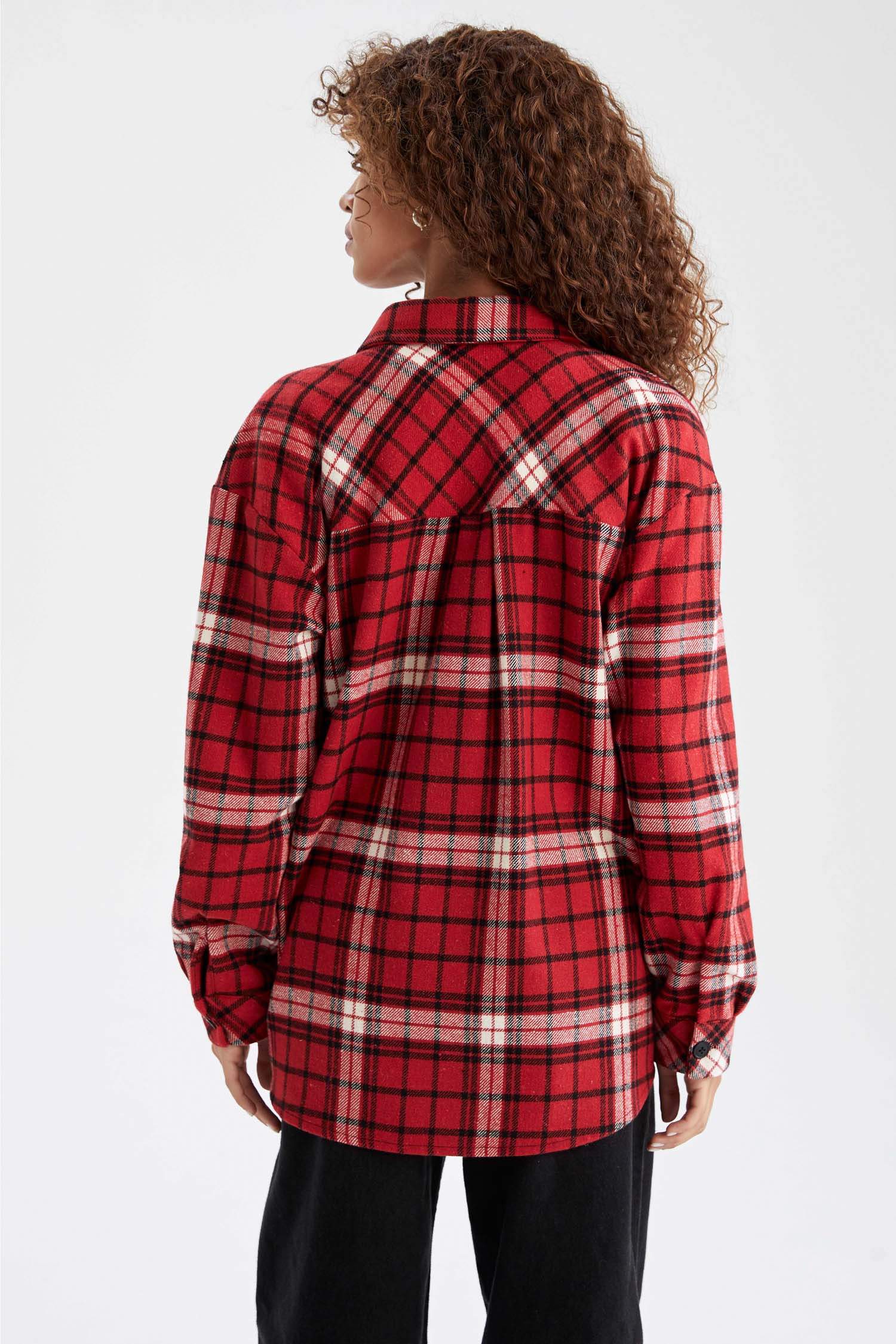 Retro Ekoseli Relax Fit Cep Detaylı Flanel Oduncu Gömlek