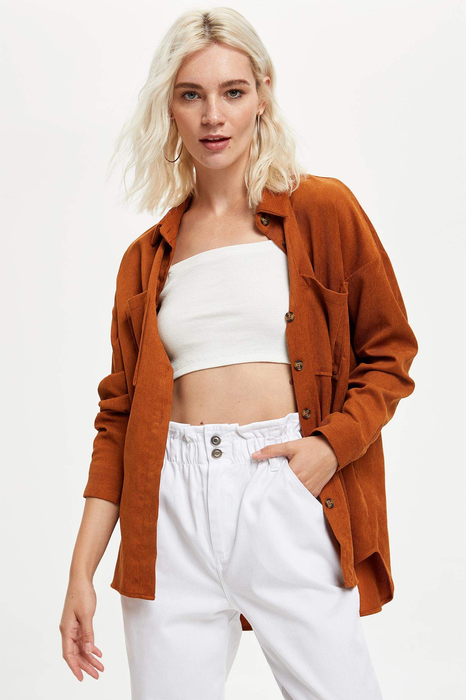 Oversize Fit Çift Cepli Uzun Kollu Gömlek
