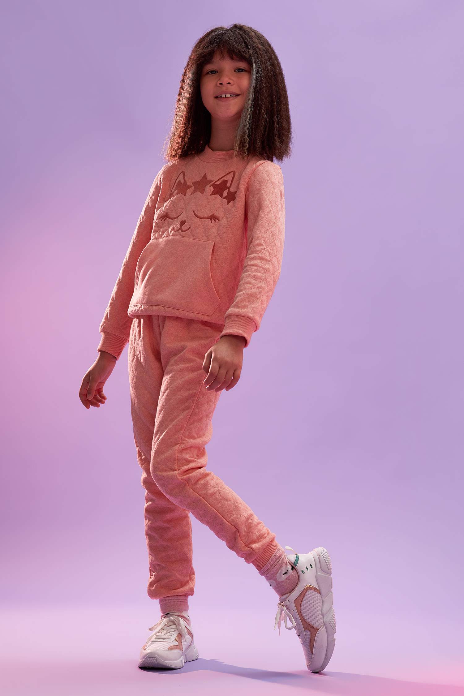 Kız Çocuk Bisiklet Yaka Kedi Baskılı Kapitoneli Isı Yalıtımlı Warmtech Sweatshirt