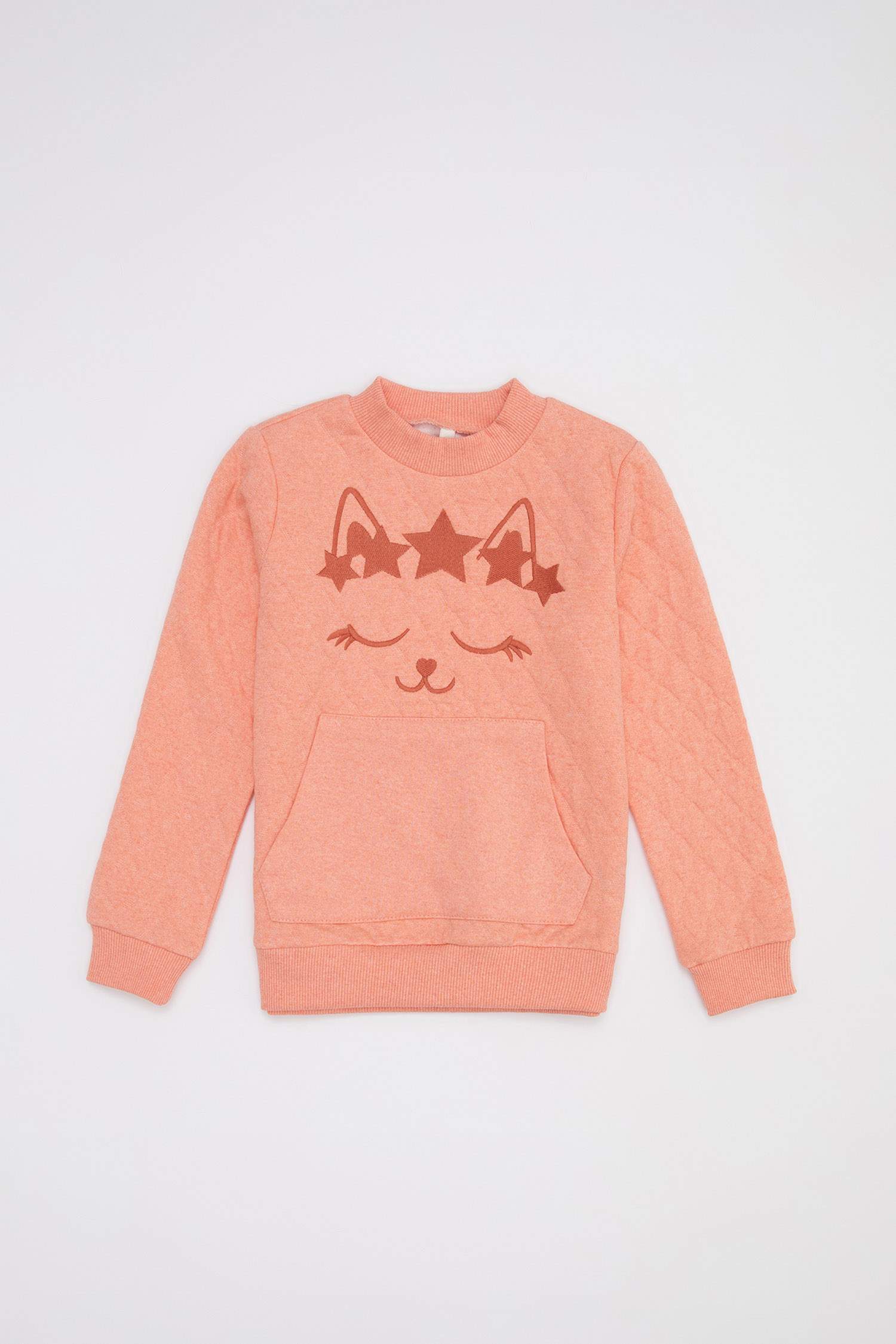 Kız Çocuk Bisiklet Yaka Kedi Baskılı Kapitoneli Isı Yalıtımlı Warmtech Sweatshirt