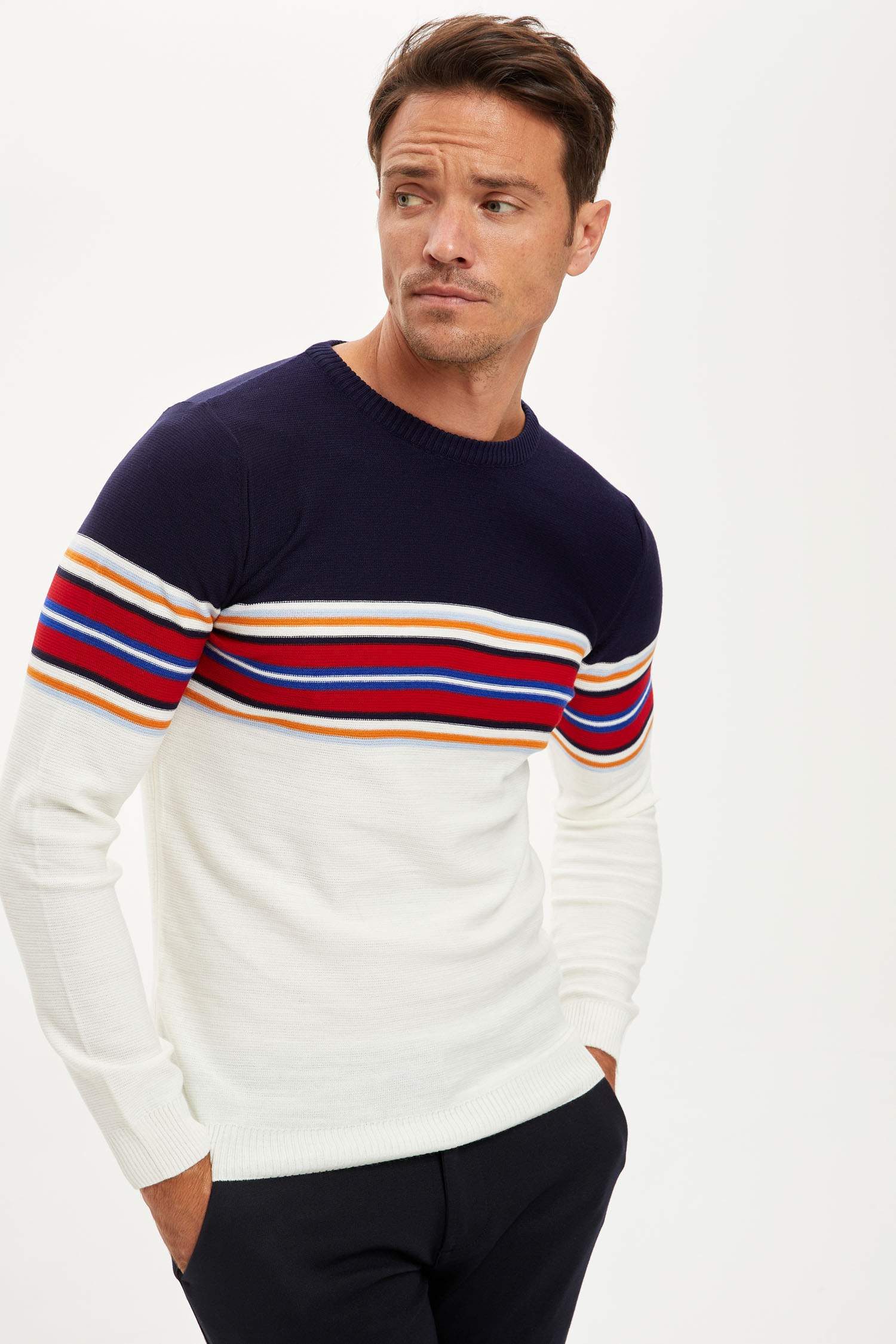 Blok Desenli Slim Fit Bisiklet Yaka Triko Kazak
