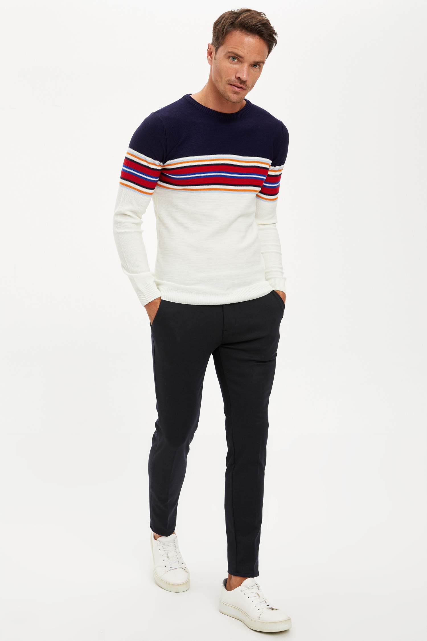 Blok Desenli Slim Fit Bisiklet Yaka Triko Kazak