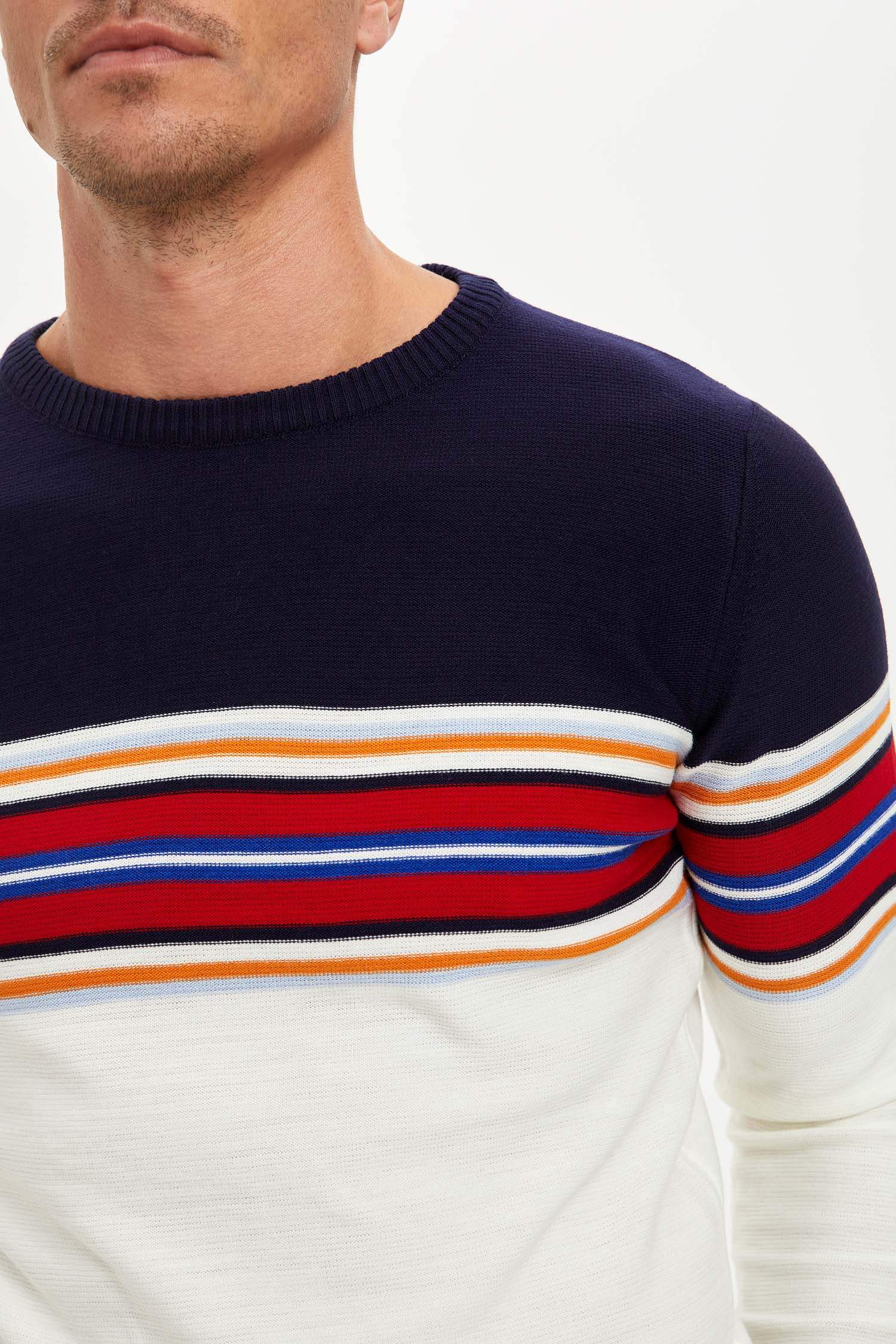 Blok Desenli Slim Fit Bisiklet Yaka Triko Kazak