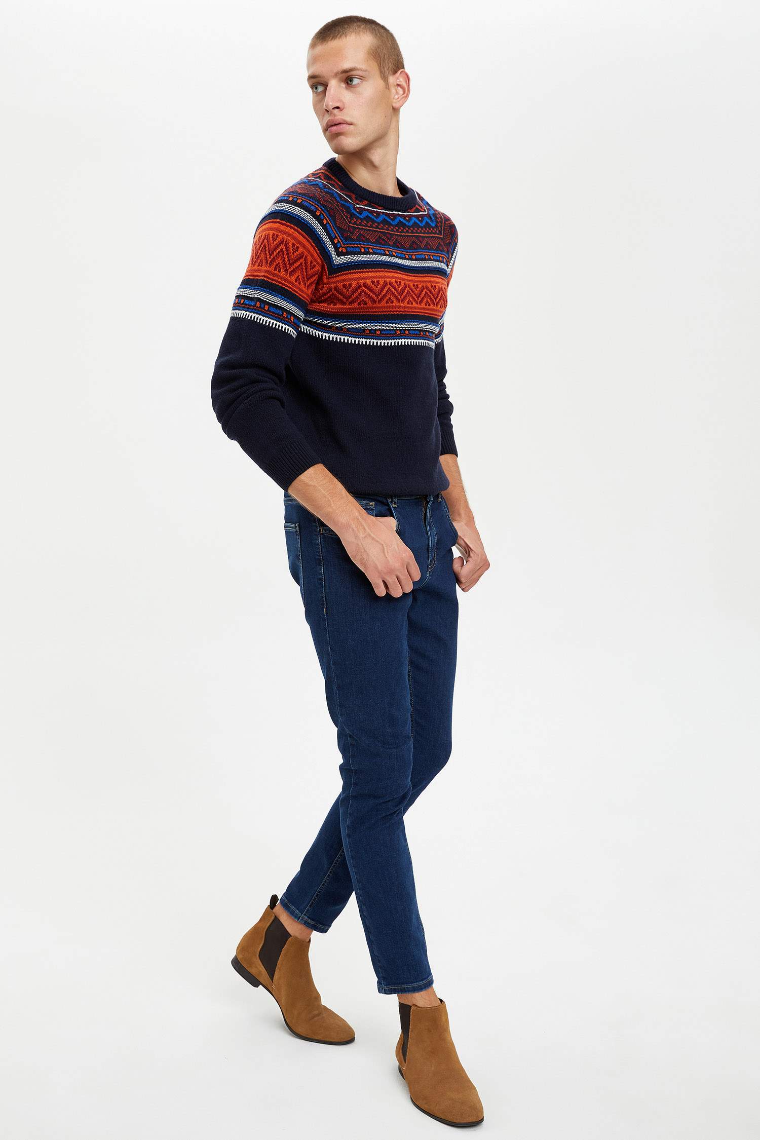 Desenli Slim Fit Bisiklet Yaka Triko Kazak