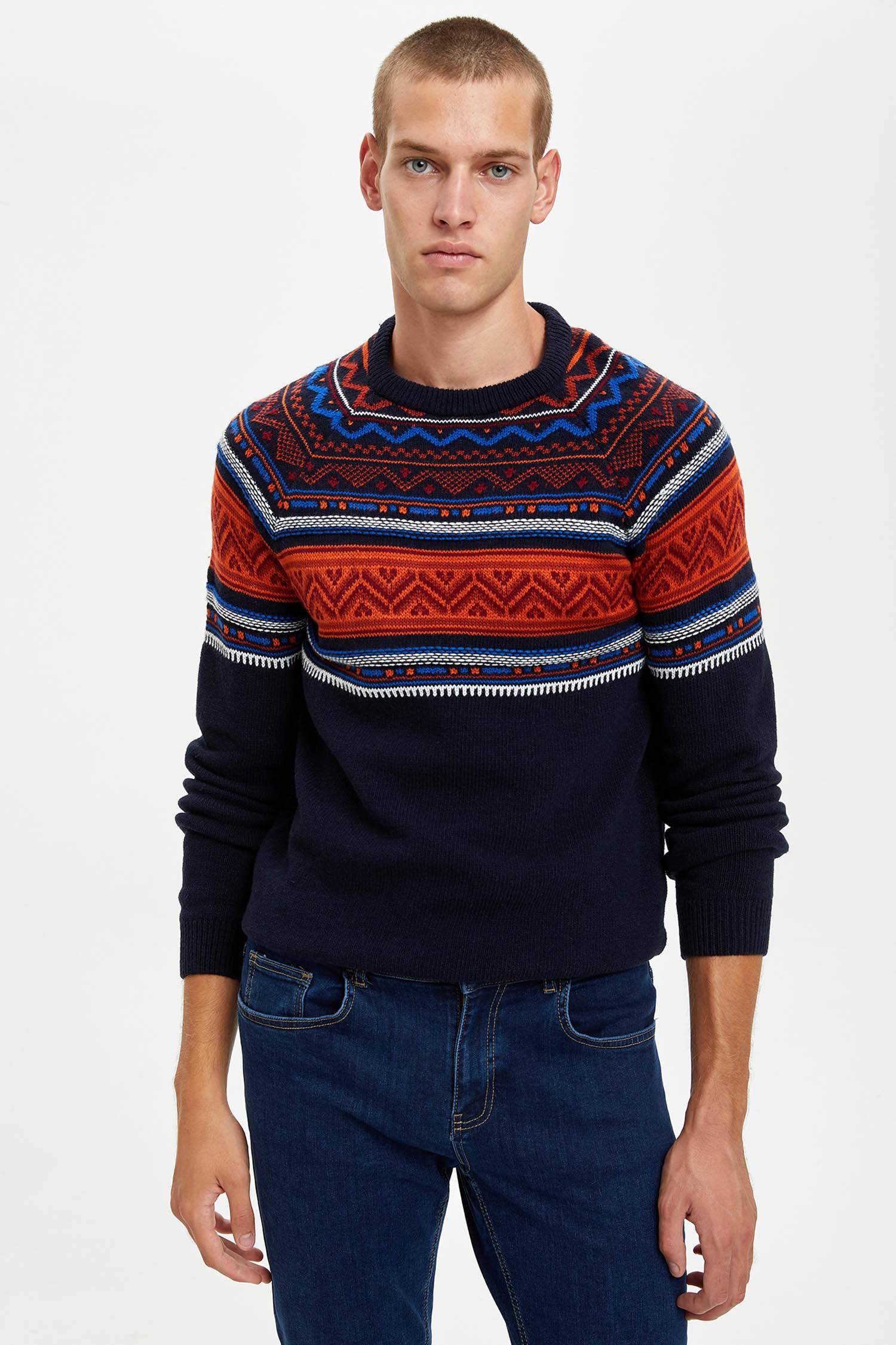 Desenli Slim Fit Bisiklet Yaka Triko Kazak