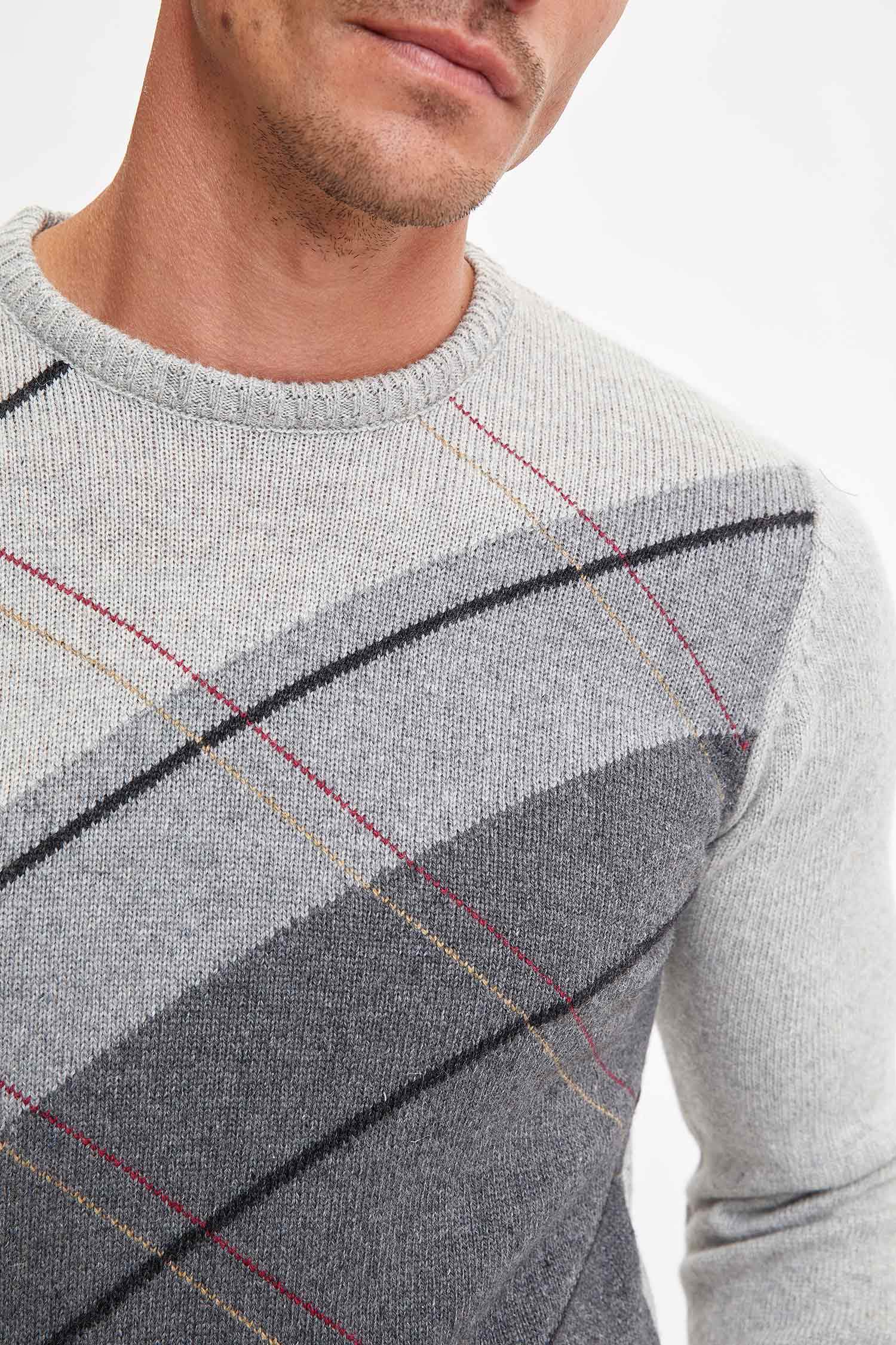 Desenli Slim Fit Bisiklet Yaka Triko Kazak