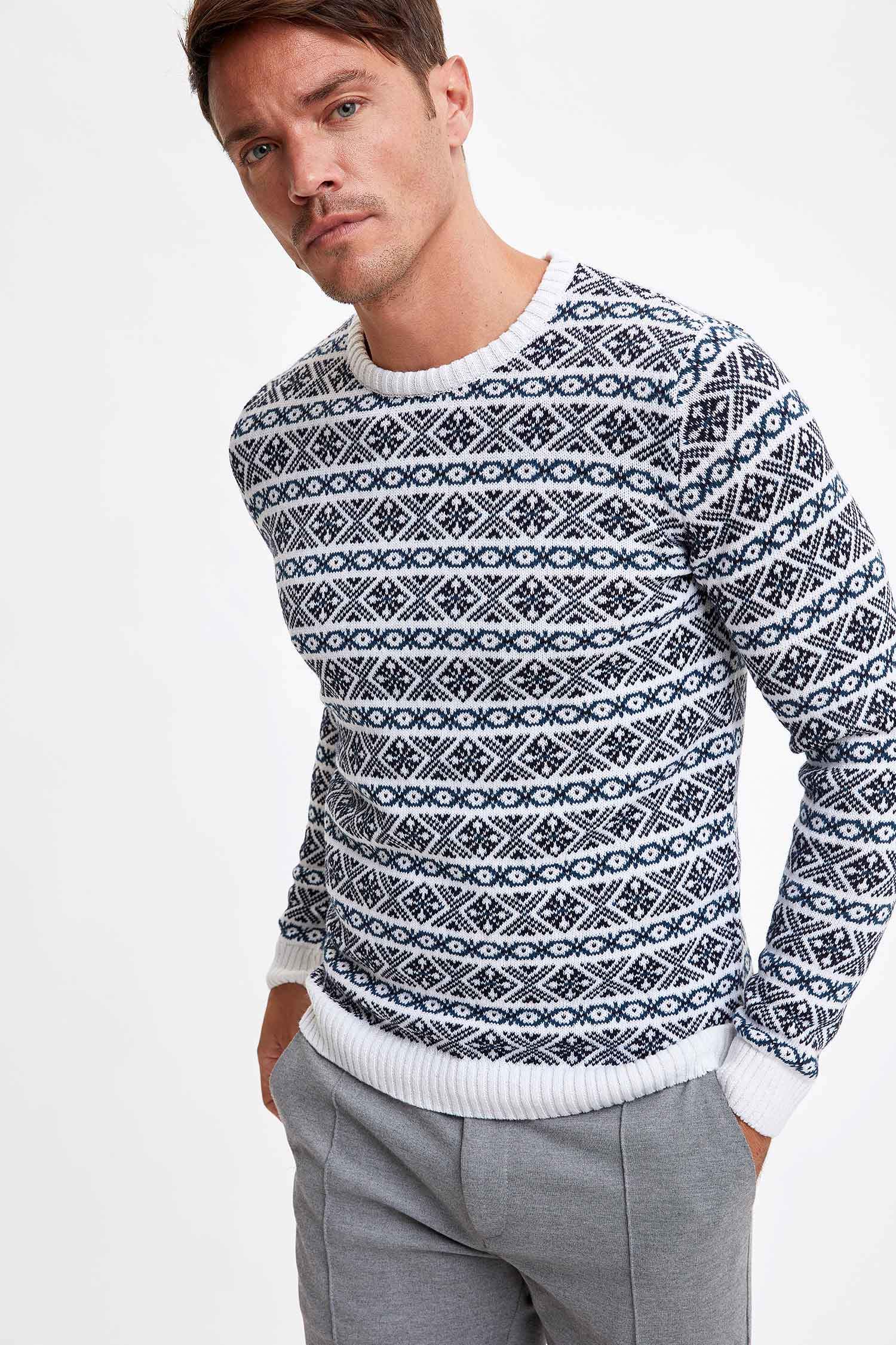 Çizgili Slim Fit Bisiklet Yaka Triko Kazak