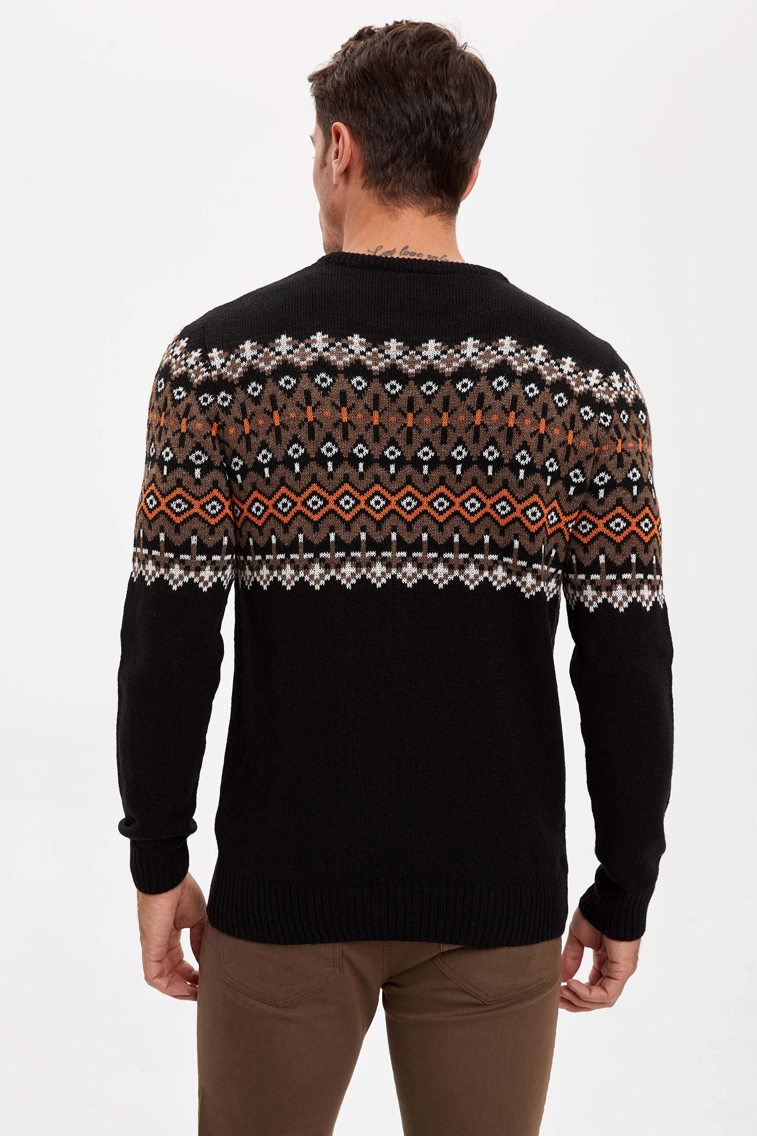 Etnik Desenli Slim Fit Triko Kazak