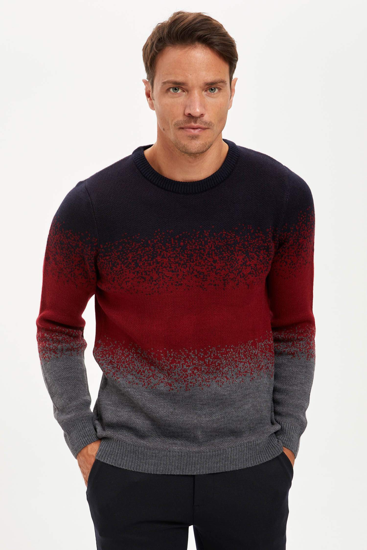 Desenli Slim Fit Bisiklet Yaka Triko Kazak