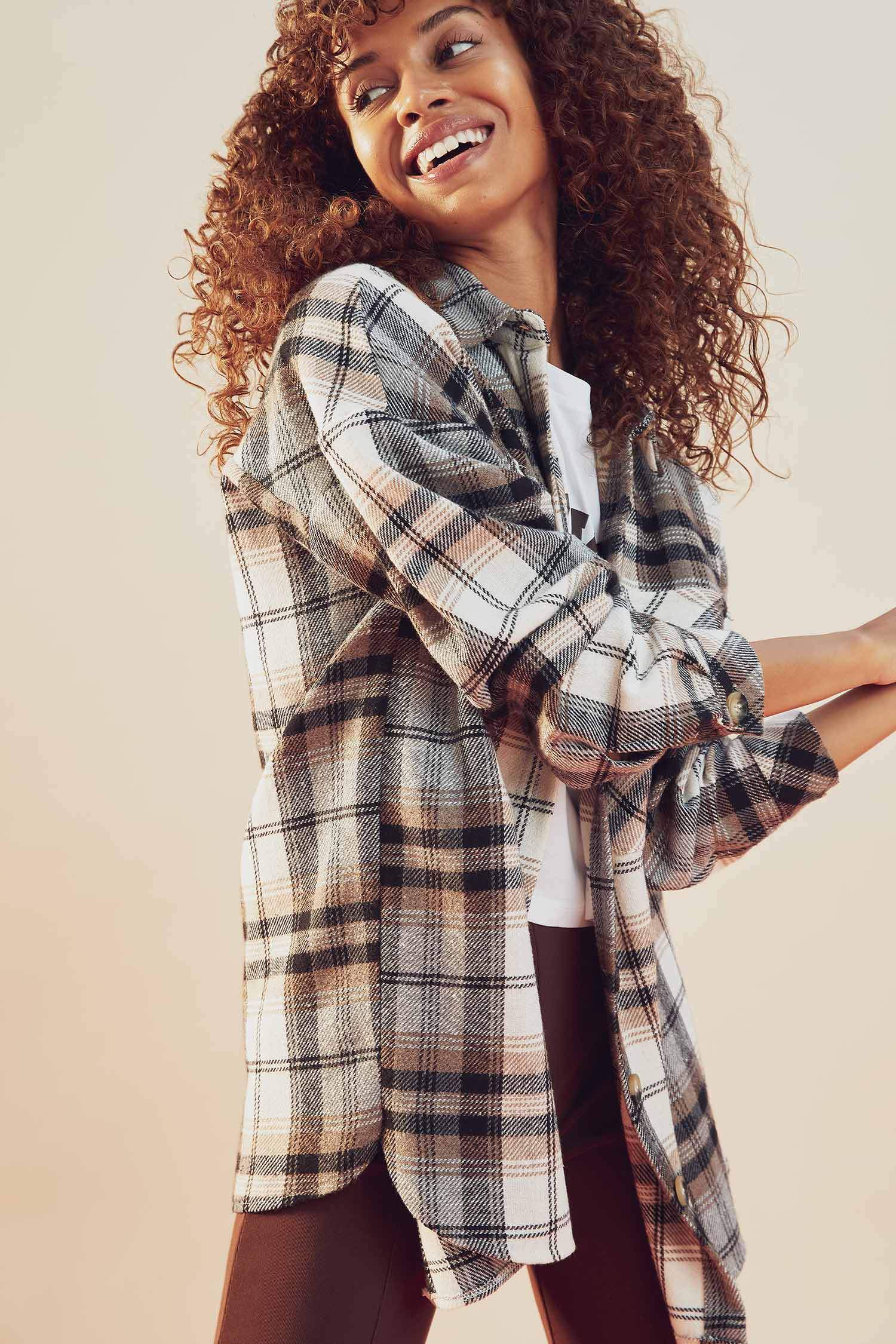 Relax Fit Ekose Desenli Cep Detaylı Geri Dönüşümlü Flanel Oduncu Gömlek Tunik