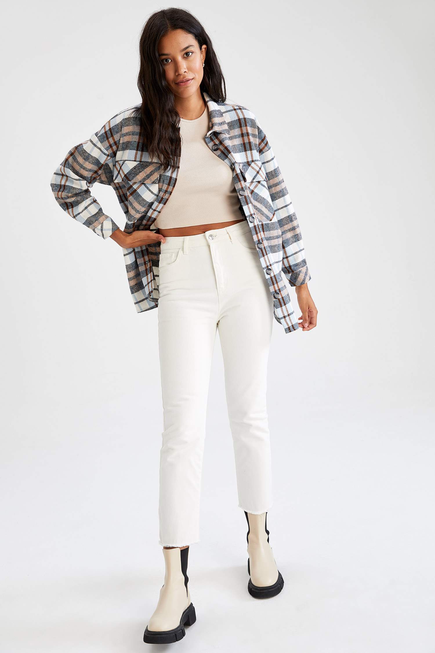Retro Ekoseli Relax Fit Cep Detaylı Flanel Oduncu Gömlek Tunik