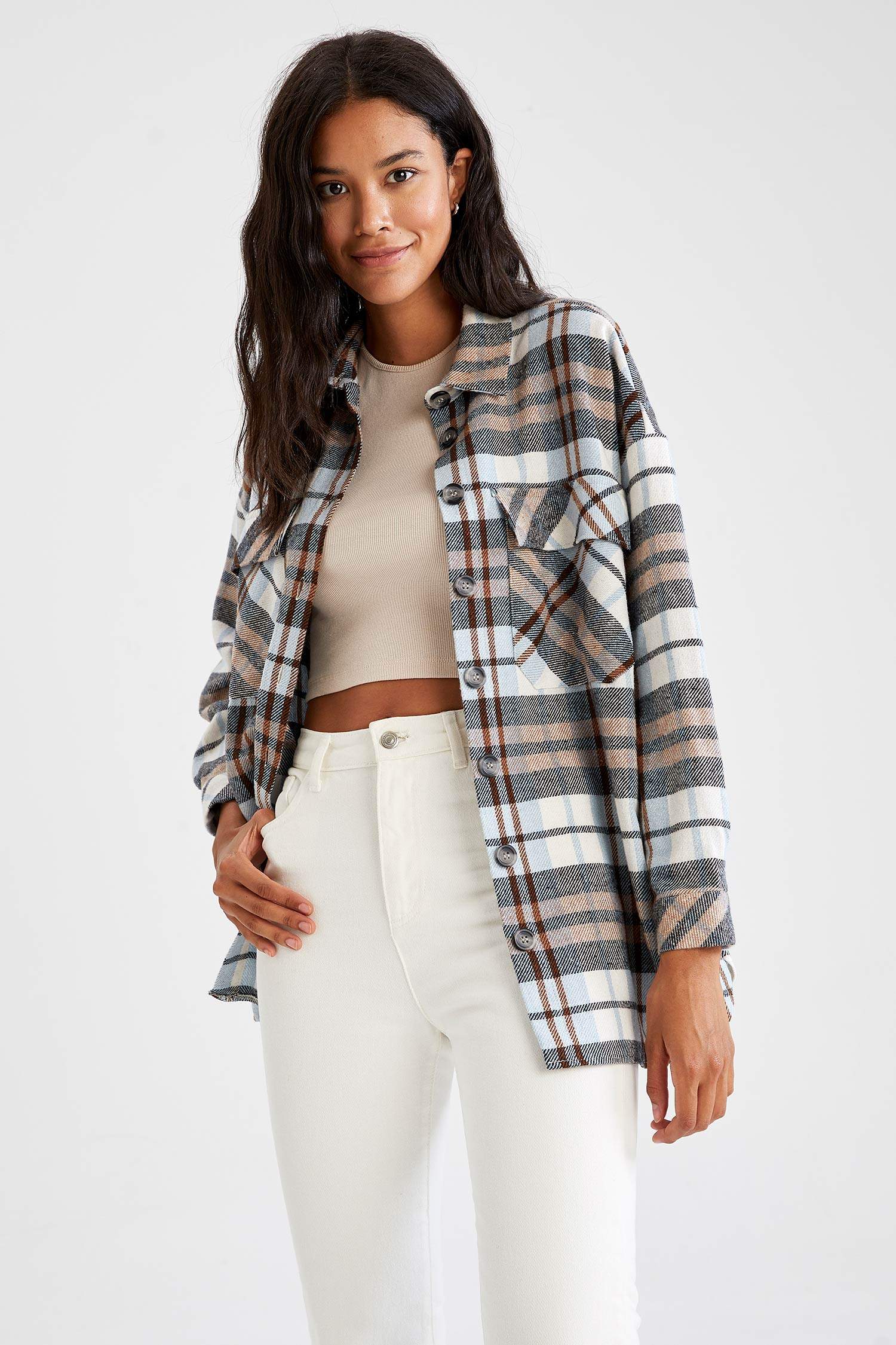 Retro Ekoseli Relax Fit Cep Detaylı Flanel Oduncu Gömlek Tunik