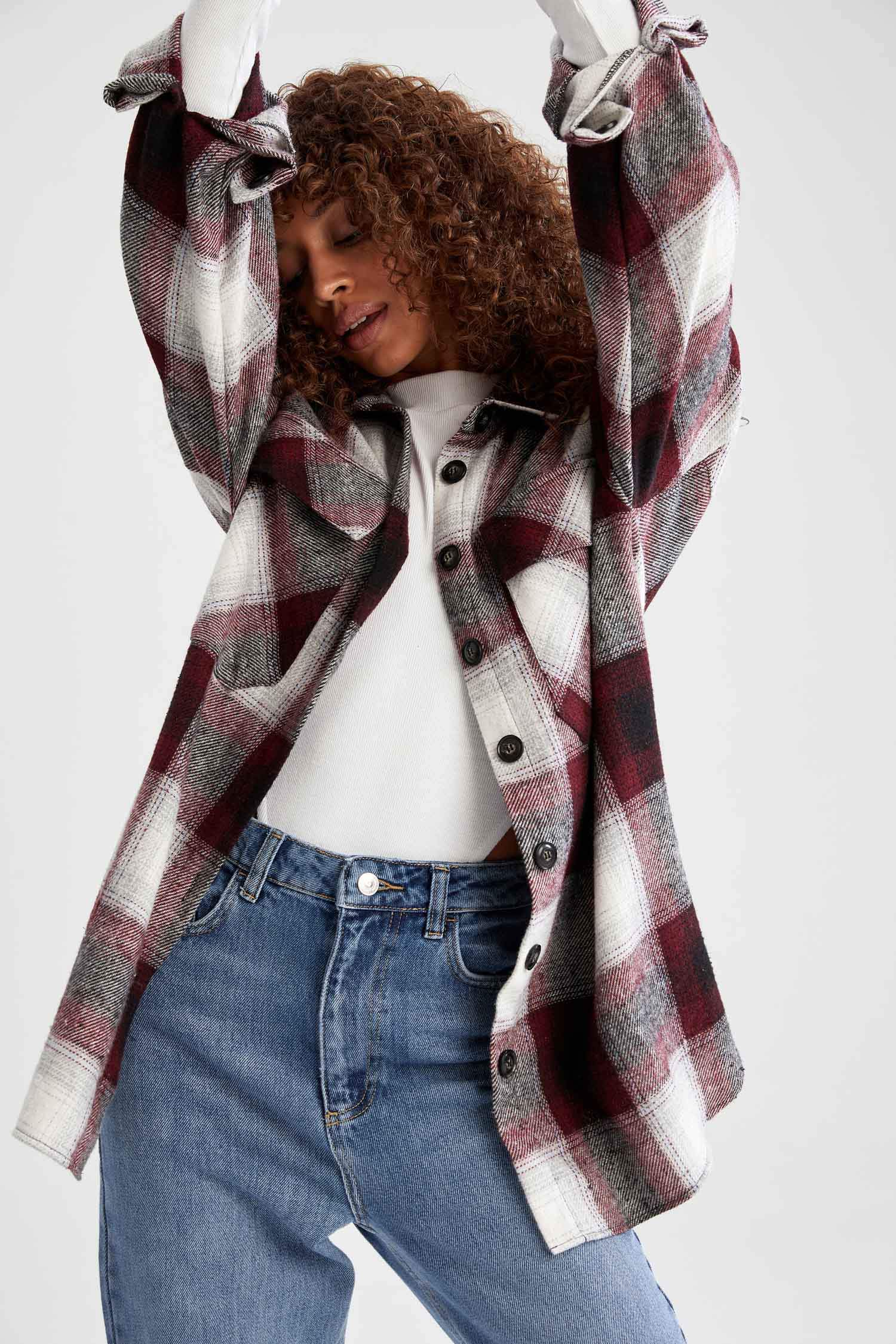 Retro Ekoseli Relax Fit Cep Detaylı Flanel Oduncu Gömlek Tunik
