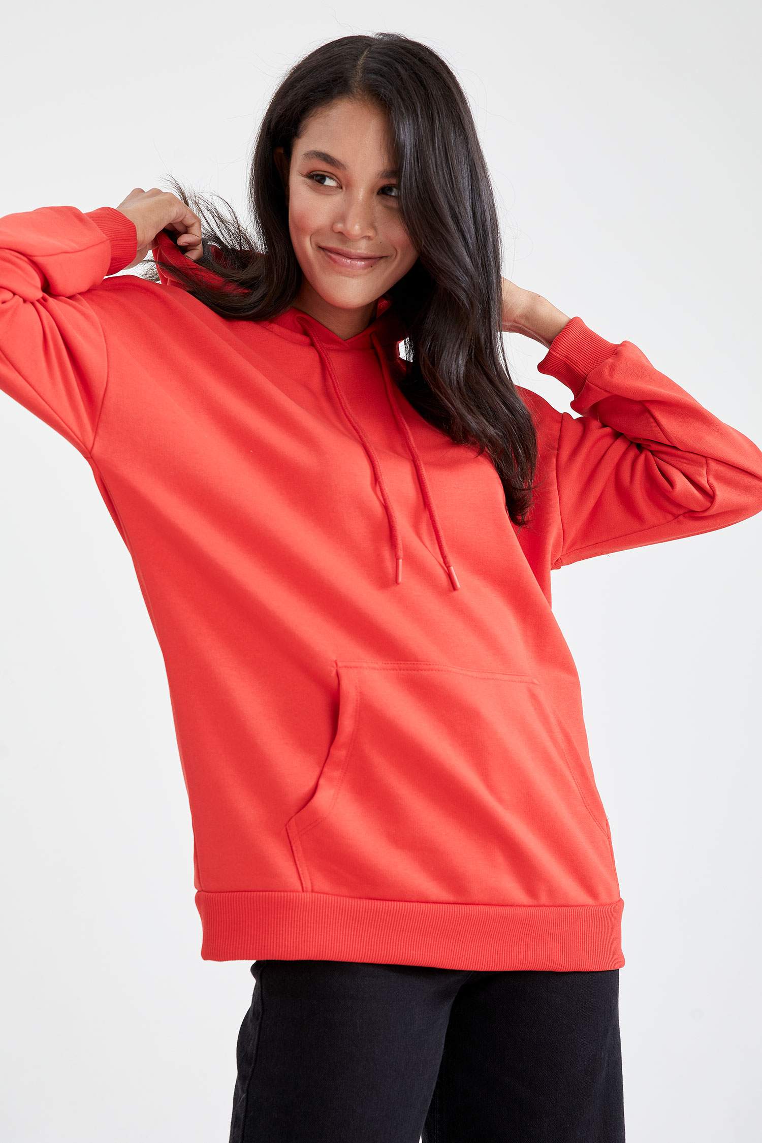 Oversize Fit Kapüşonlu Kanguru Cepli Uzun Kollu Sweatshirt