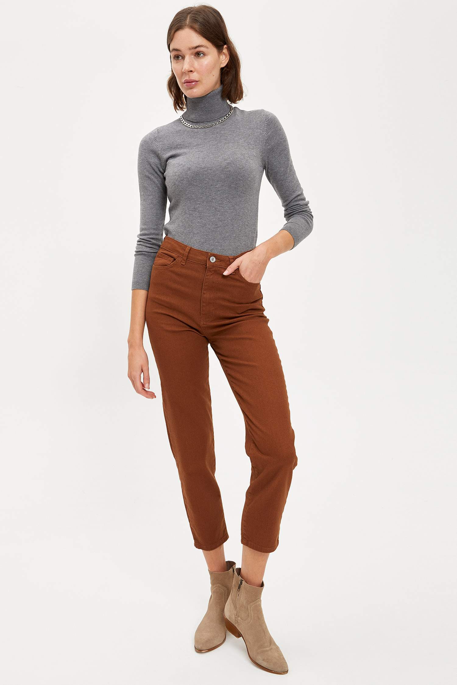 Dokuma Yüksek Belli Slim Fit Pantolon