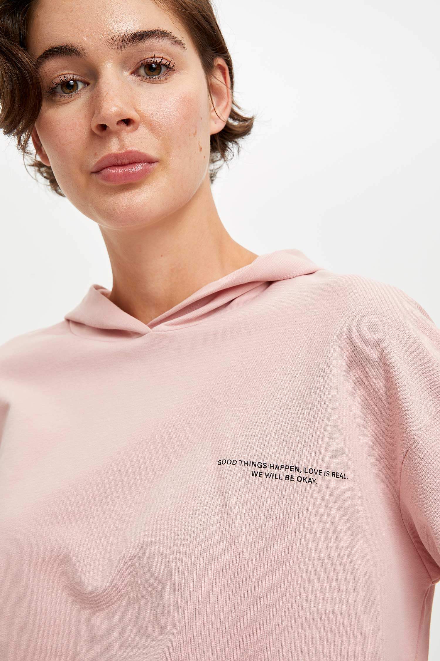 Organik Pamuklu Yazı Baskılı Kapüşonlu Sweatshirt