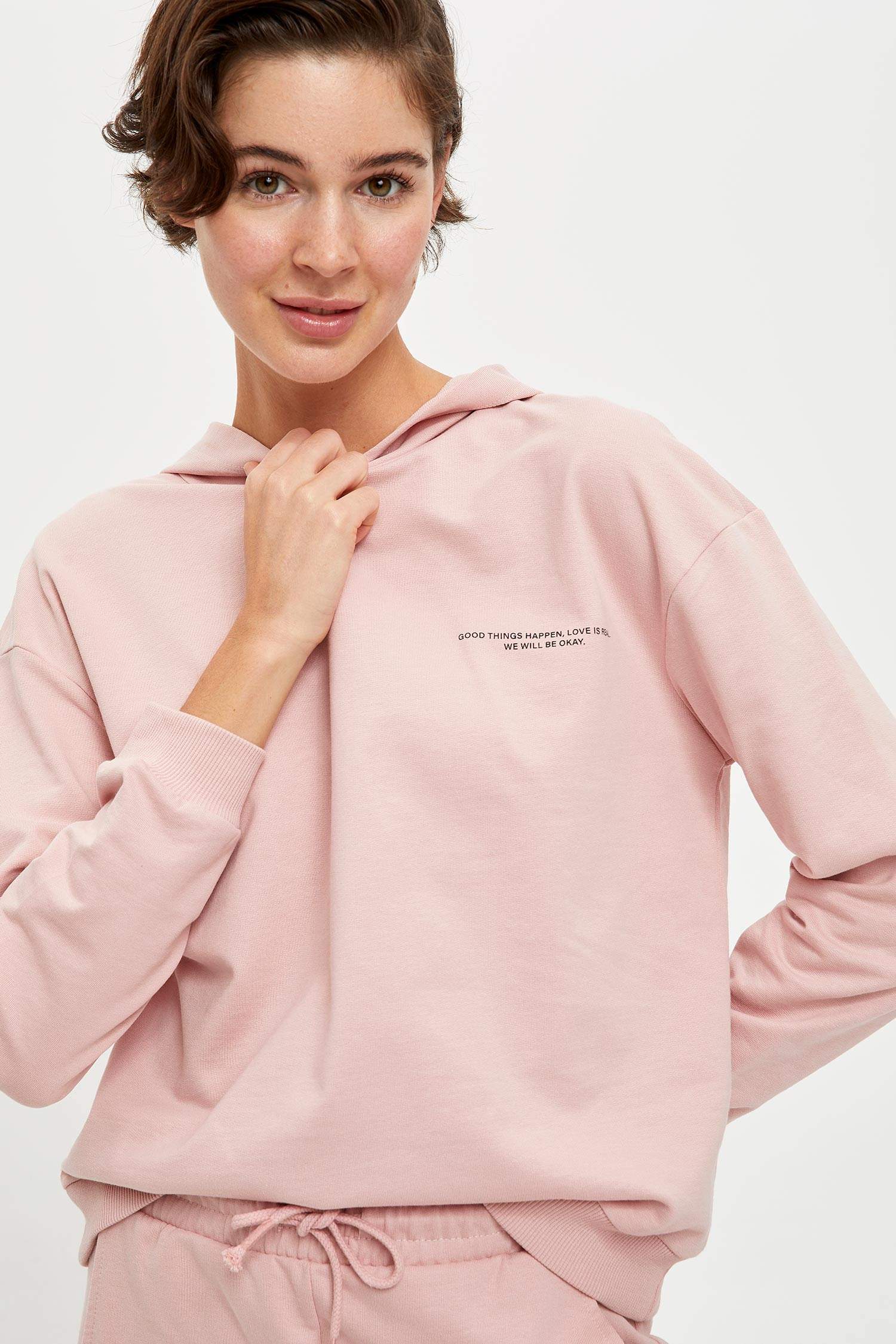 Organik Pamuklu Yazı Baskılı Kapüşonlu Sweatshirt