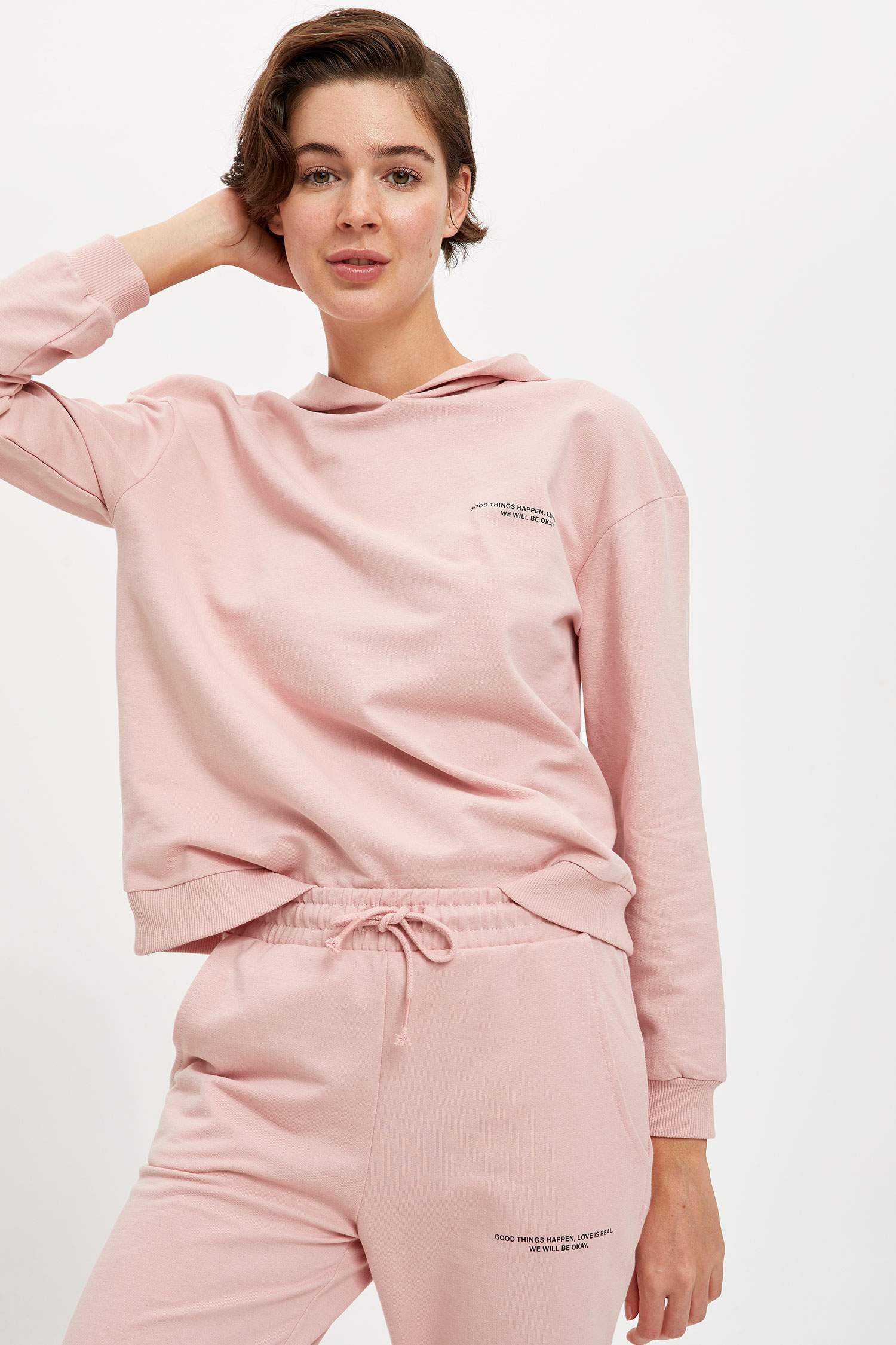 Organik Pamuklu Yazı Baskılı Kapüşonlu Sweatshirt