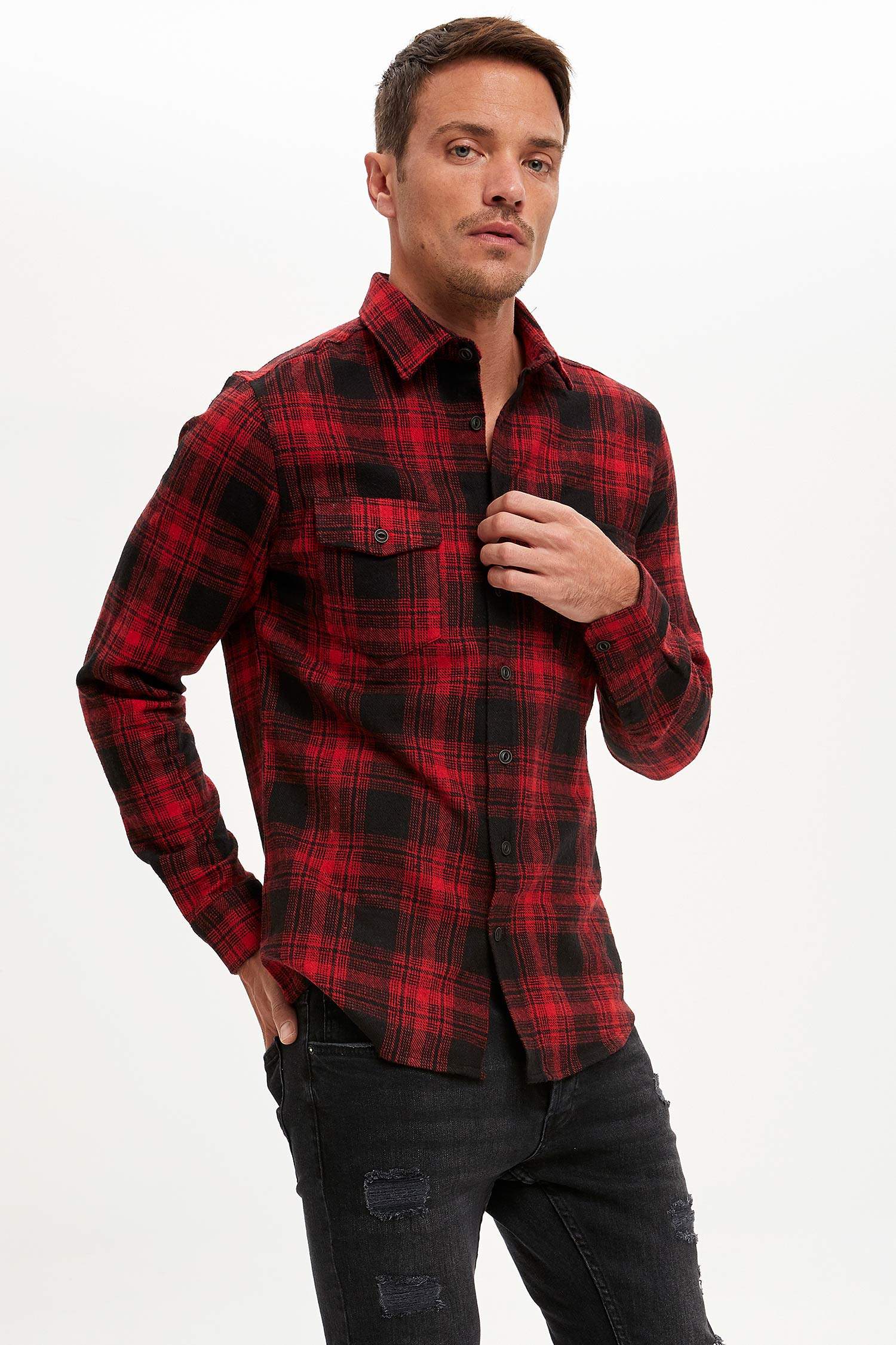 Modern Fit Ekose Desenli Uzun Kollu Gömlek Ceket