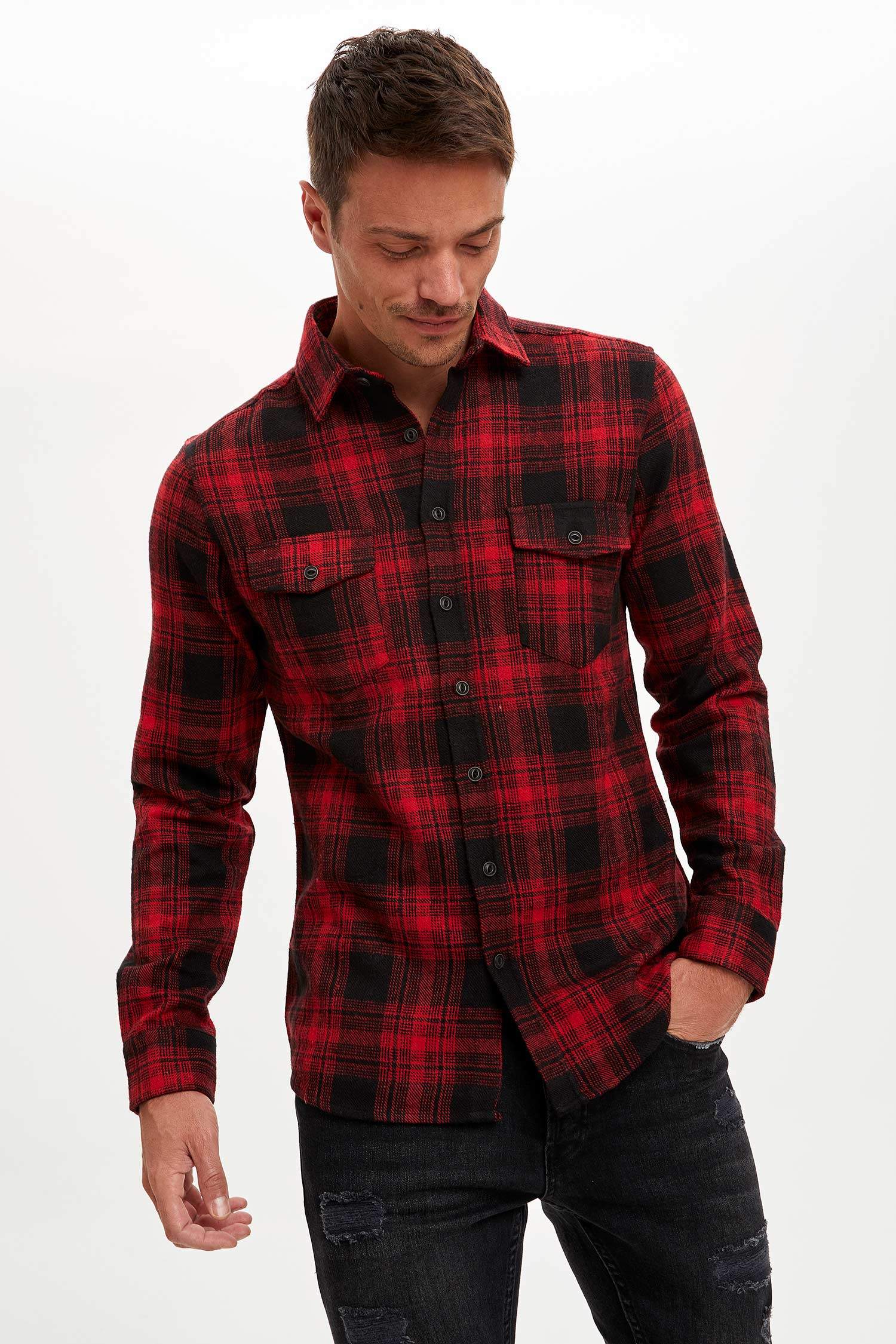Modern Fit Ekose Desenli Uzun Kollu Gömlek Ceket
