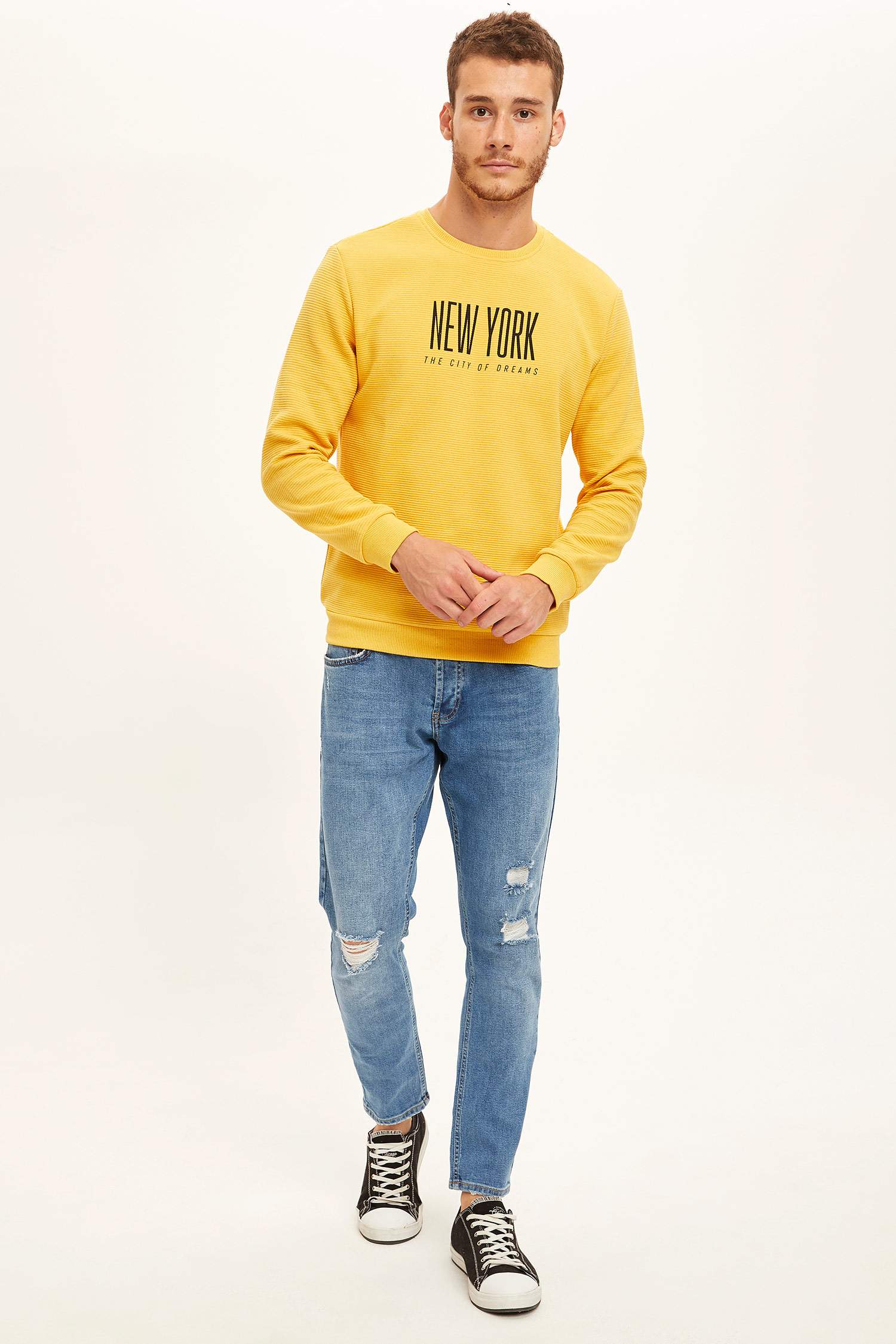 New York Baskılı Bisiklet Yaka Slim Fit Sweatshirt