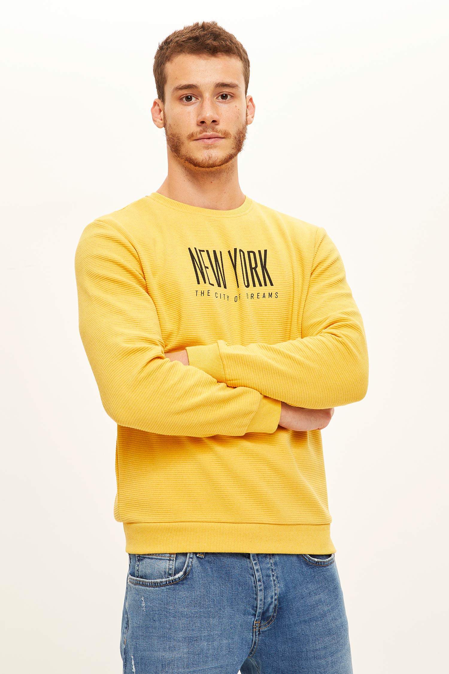 New York Baskılı Bisiklet Yaka Slim Fit Sweatshirt