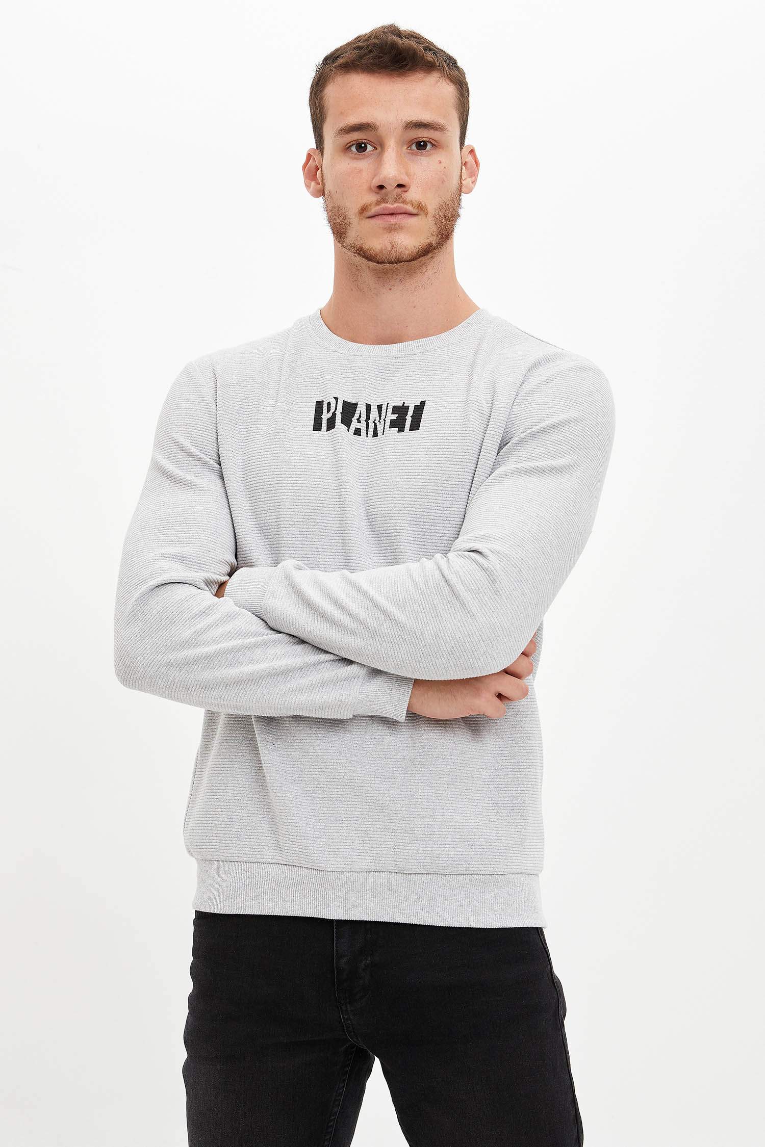 Planet Baskılı Slim Fit Bisiklet Yaka Sweatshirt