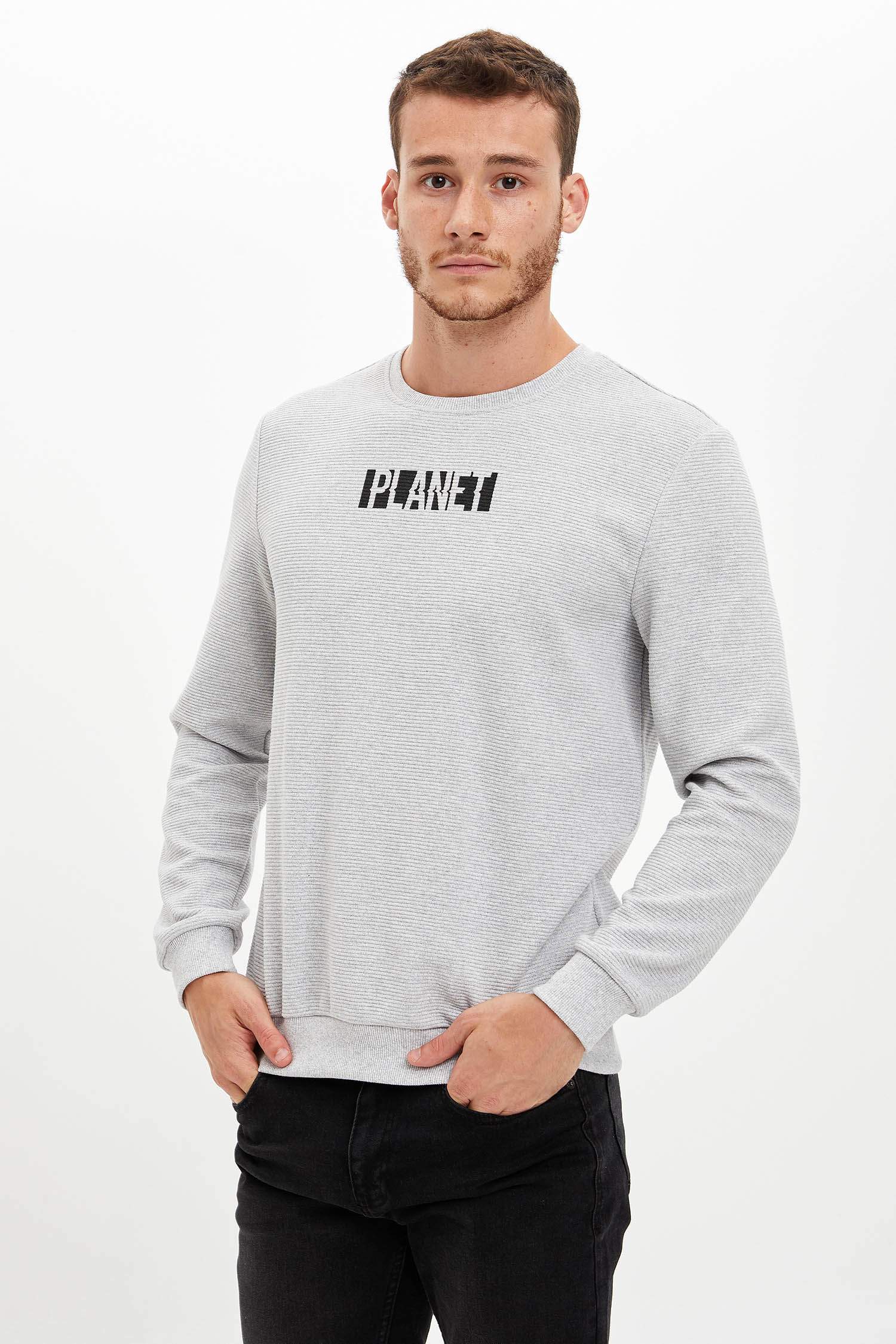 Planet Baskılı Slim Fit Bisiklet Yaka Sweatshirt