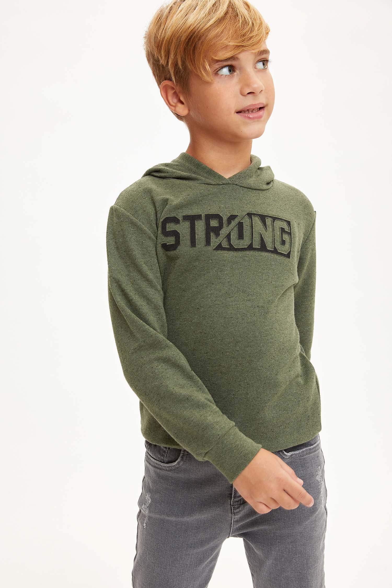 Erkek Çocuk Slogan Desenli Kapüşonlu Sweatshirt