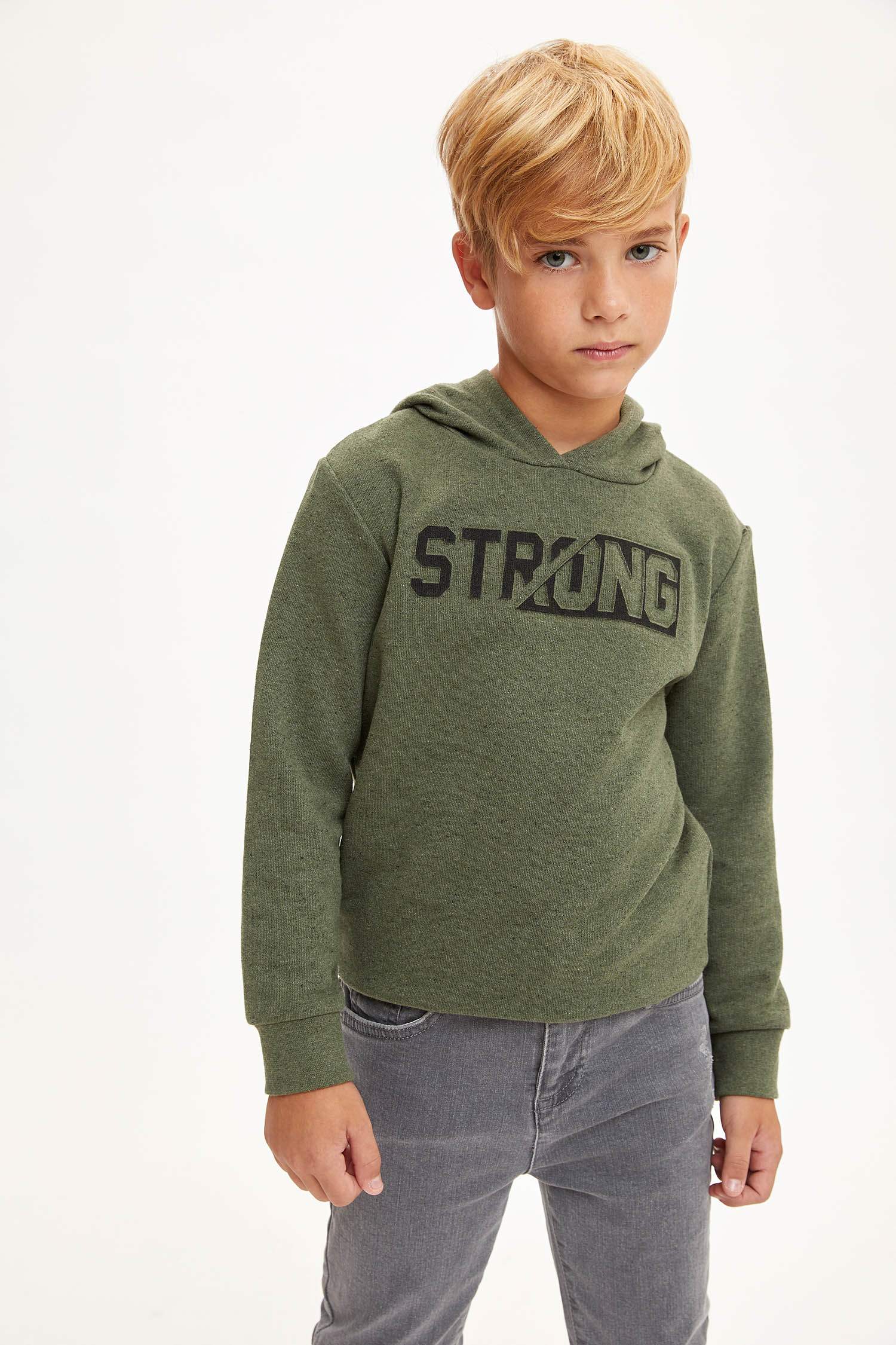 Erkek Çocuk Slogan Desenli Kapüşonlu Sweatshirt