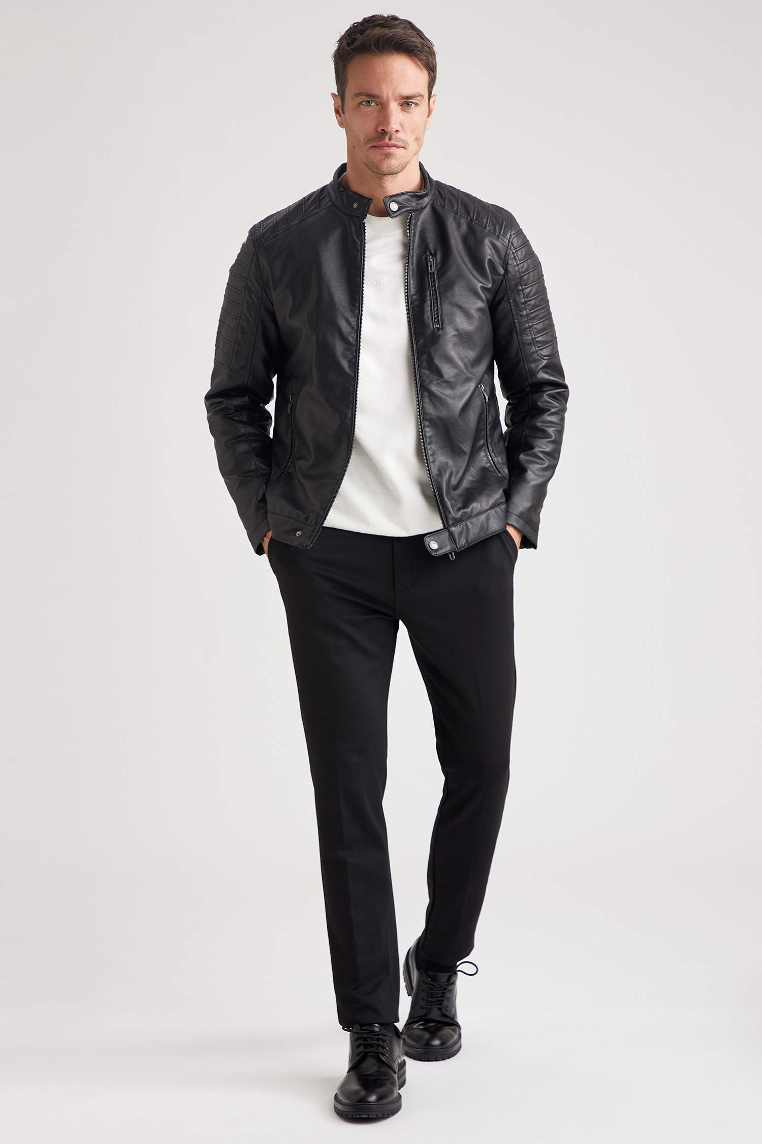 Slim Fit Dik Yaka Suni Deri Biker Ceket